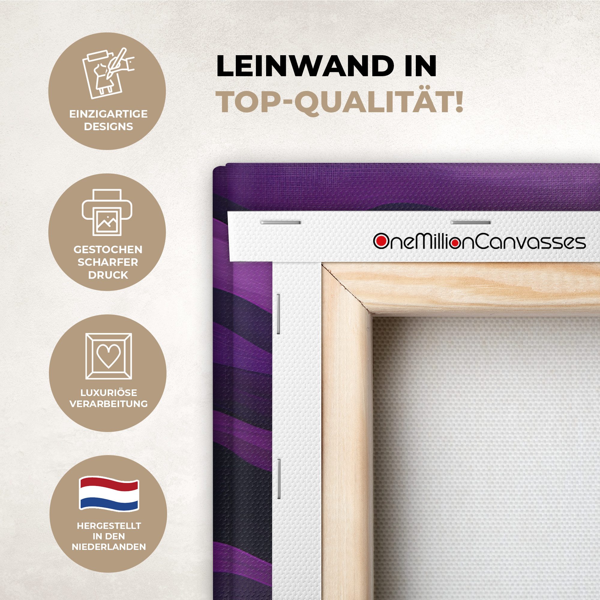 OneMillionCanvasses® Leinwandbild Panorama Linien - Wellen - Lila - Abstrakt, Fotodruck (1 St), Wandbild, Deko Schlafzimmer Wohnzimmer Flur 40x20 cm