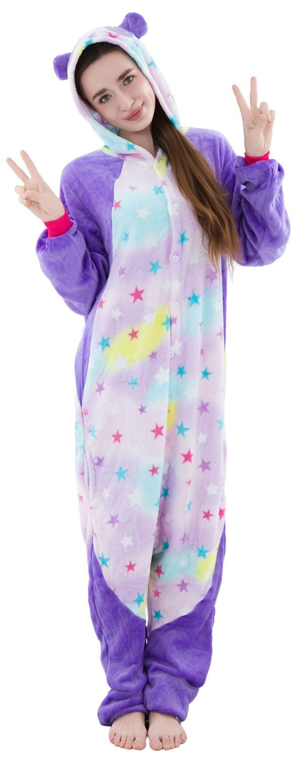 Corimori Partyanzug Onesie Ganzkörper Kostüm für Erwachsene, Damen Herren Karneval Tier-Kostüme Panda bunte Sterne Regenbogen,L