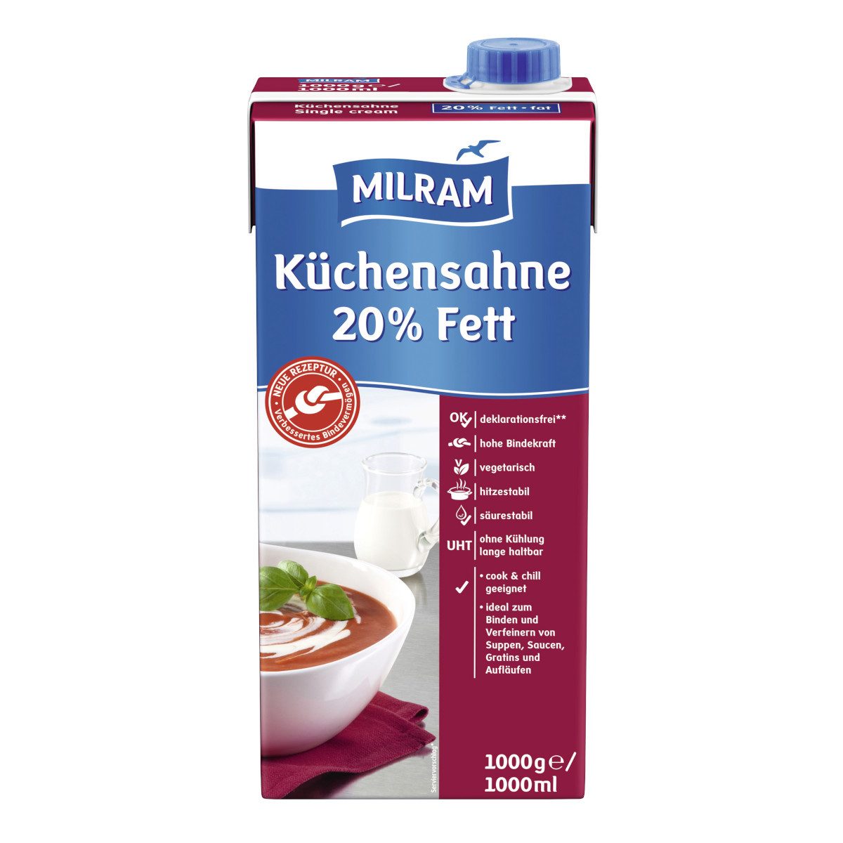 MILRAM Milch, Milram Küchensahne 20 Prozent Fett ultrahocherhitzt säurestabil 1000g