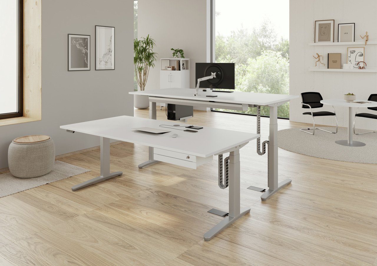 PROREGAL® Schreibtisch H Weiß Gestell, BxT 120x80cm, 65-130cm Schreibtisch, Ahorn, Silber