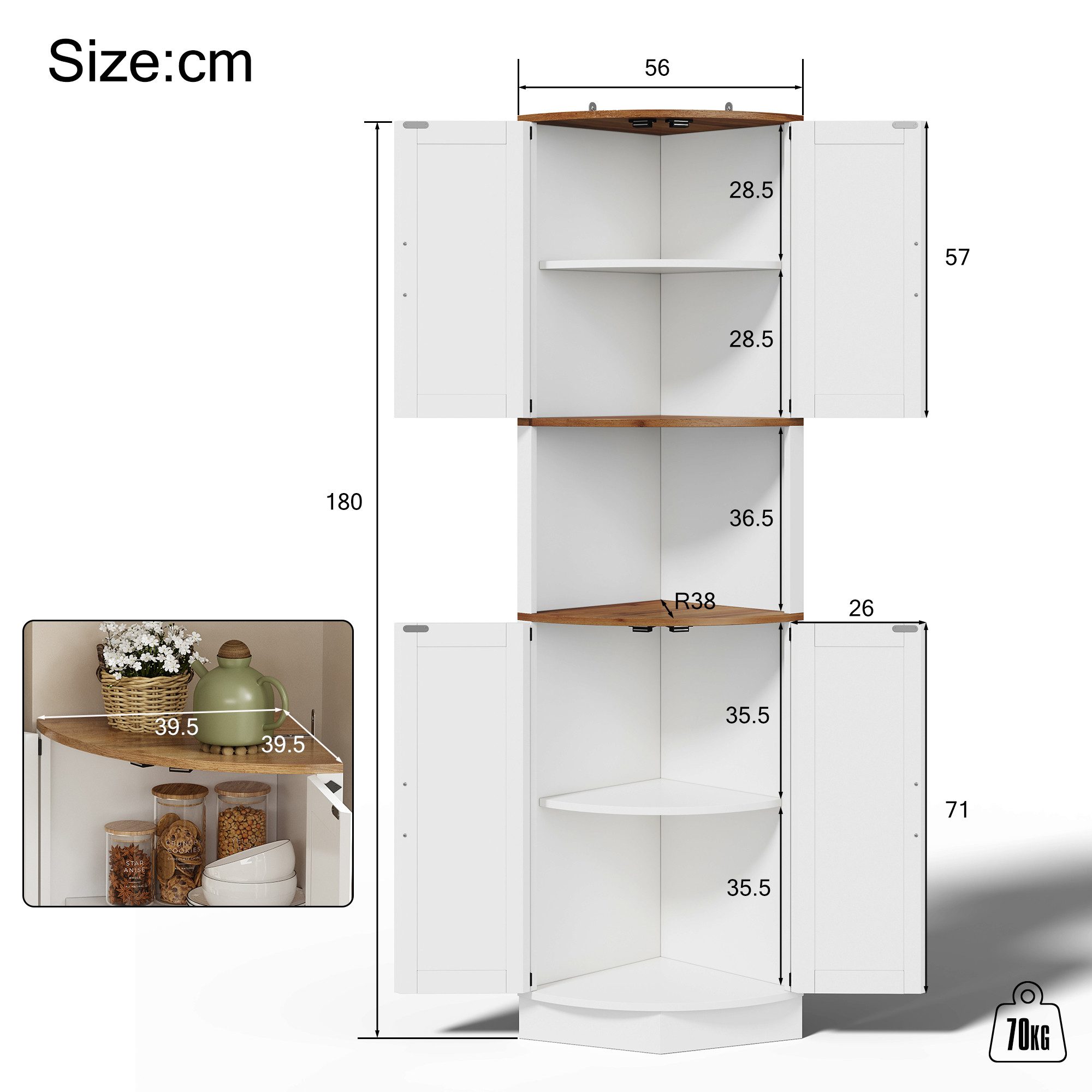 BlingBin Küchenbuffet Küchenschrank Eckschrank (geeignet für Wohnzimmer,Küchen Essbereiche, 1-St., mit 5 Staufächer,Kippschutzvorrichtung,4 Türen) 39,5×39,5×180cm,weiß