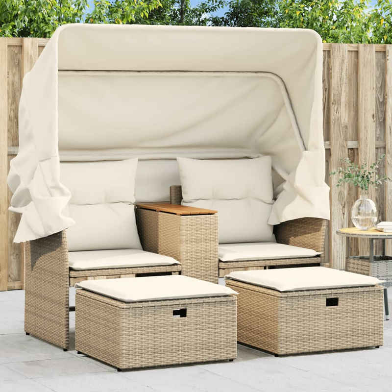 vidaXL Loungesofa Gartensofa 2-Sitzer mit Dach und Hockern Beige Poly Rattan, 1 Teile