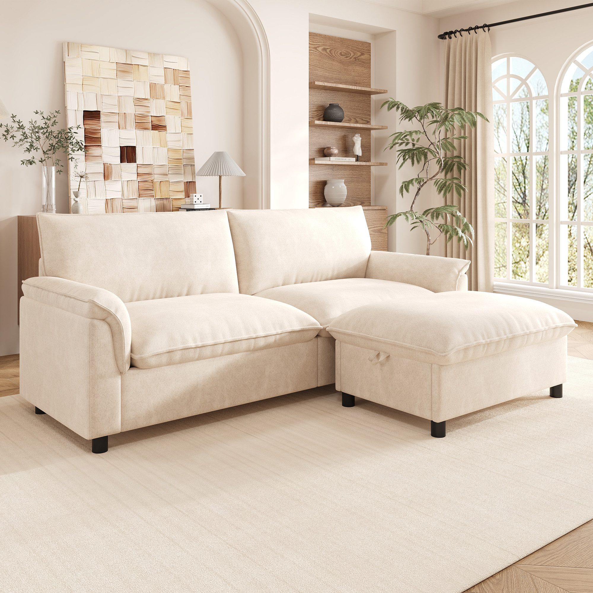 Merax Ecksofa Cloud Sofa 3-Sitzer mit Schlaffunktion, Stauraumhocker, 1 Teile, Modulares Chenille Soffa, Deep Seat Wohnzimmersofa Groß, Couch