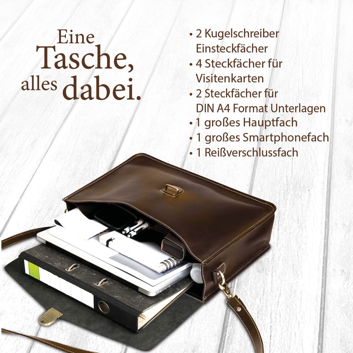 Corno d´Oro Aktentasche Echt Leder HANDMADE Business Laptoptasche für Damen und Herren, groß für 15,6 Zoll Laptop; leichtes Gewicht; Vintage Braun