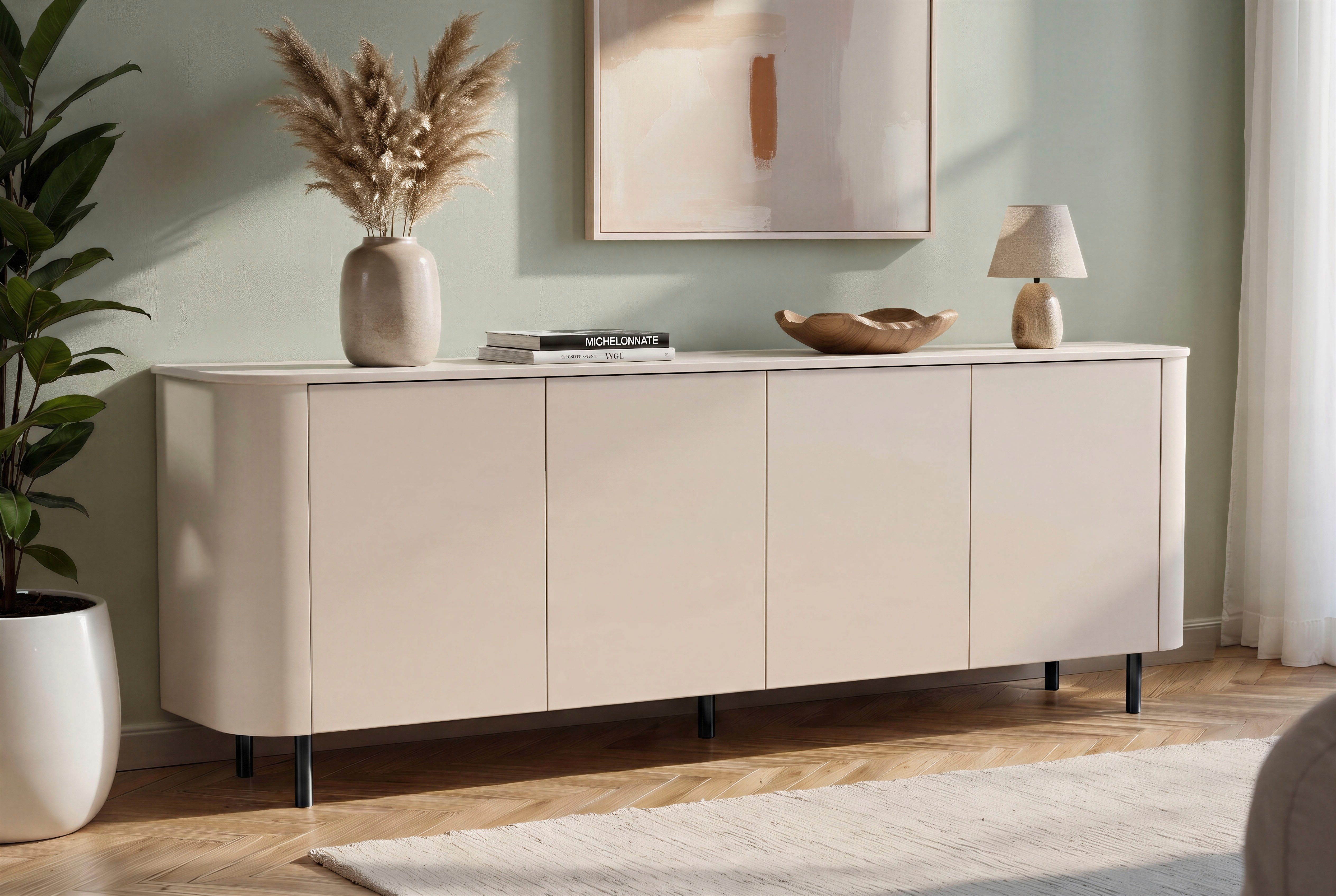 OTTO home Sideboard Lido, Breite 230 cm mit 4 Türen, Formgebogenes MDF, Stirnseiten mit Rundung, Push-to-open, Metallfüße