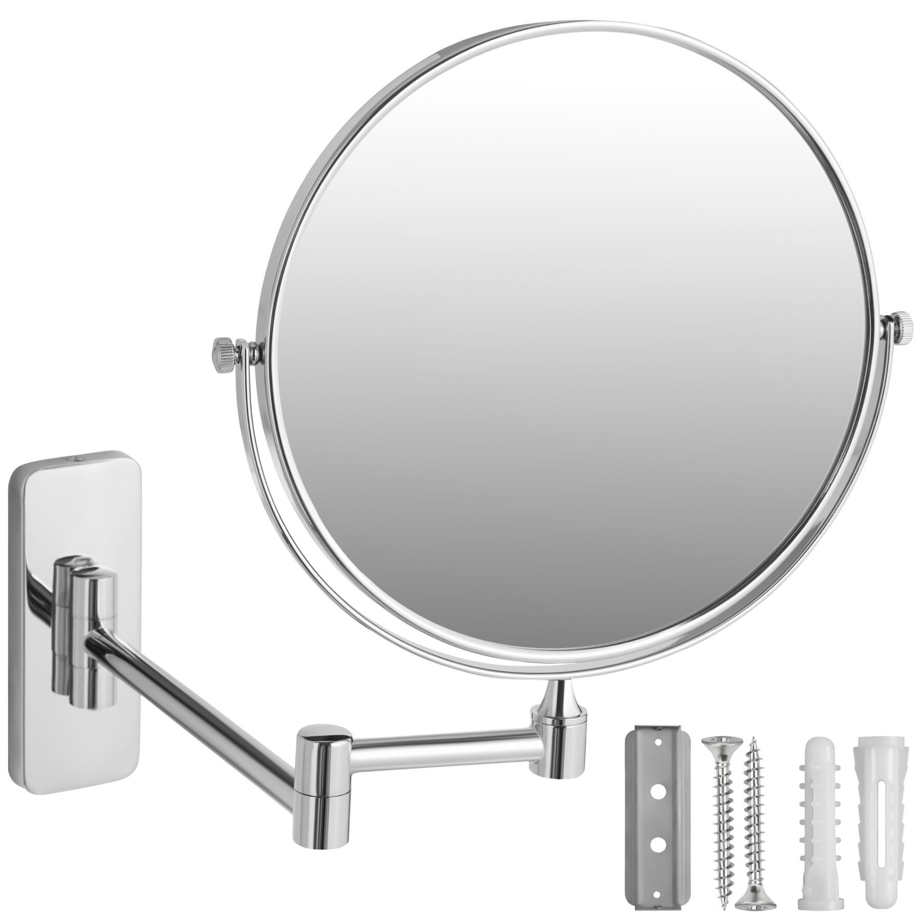 tectake Kosmetikspiegel Rasierspiegel, doppelseitig, Ø 20 cm, 360° neig- und drehbar (Schminkspiegel, in silber), 7-fach Vergrößerung, ausziehbar, verchromter Edelstahl, Wandmontage