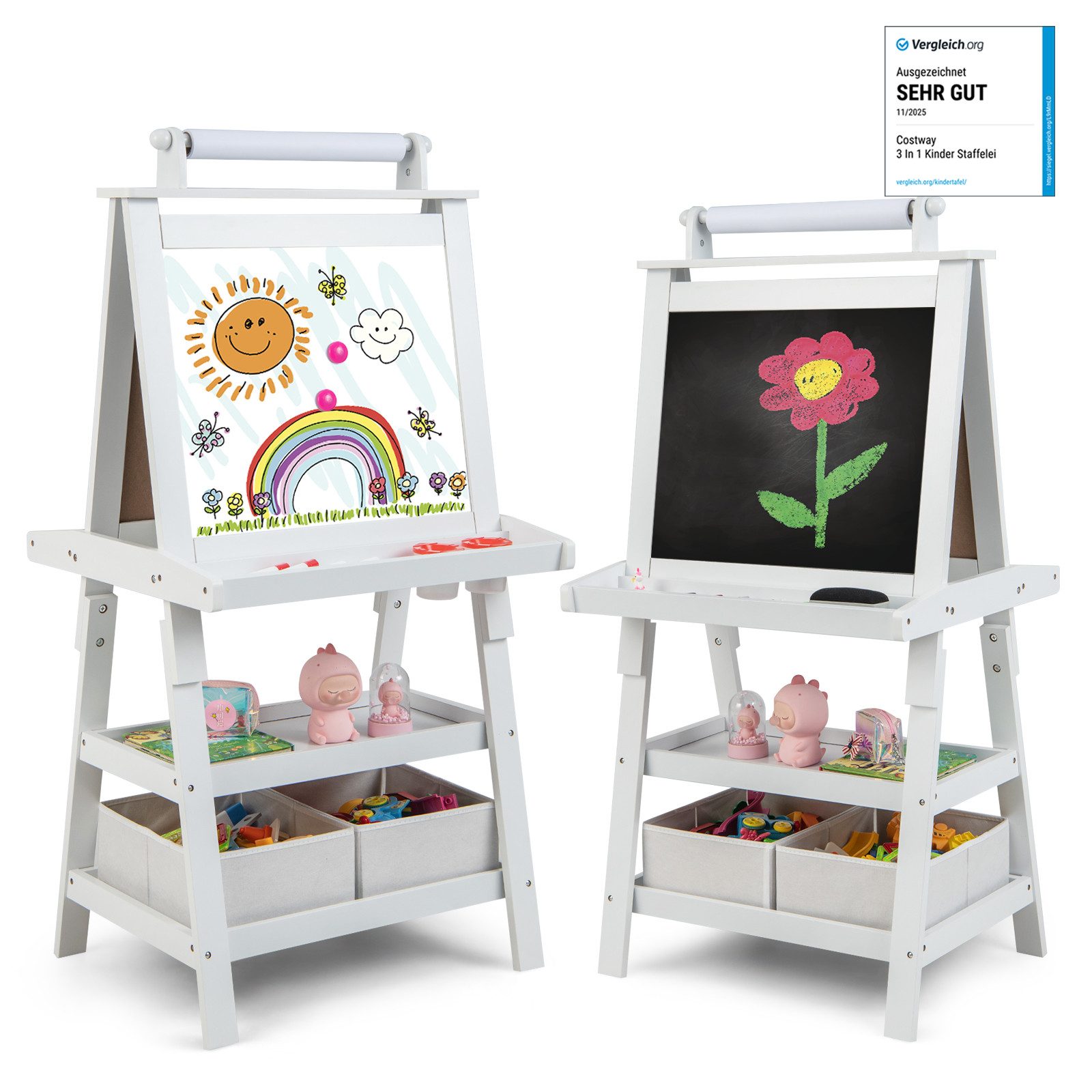 COSTWAY Standtafel Kinder Staffelei, doppelseitig, mit Magneten & 2 Boxen
