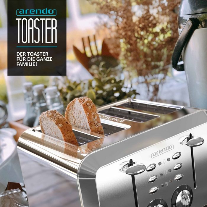 Arendo Toaster 4 kurze Schlitze für 4 Scheiben 1630 W Automatik Toaster Edelstahl Wärmeisolierendes Doppelwandgehäuse
