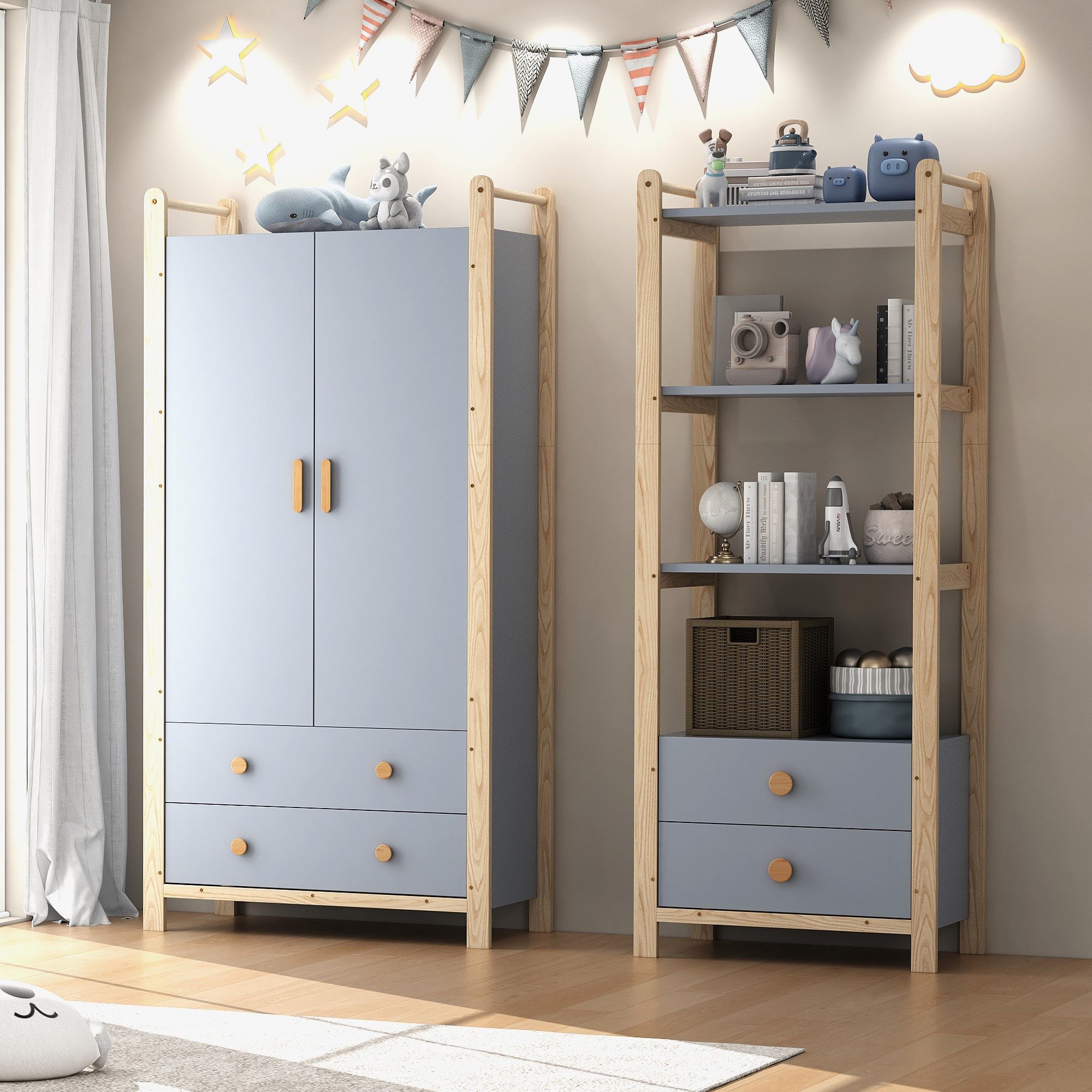 Odikalo Kleiderschrank Kombi-Stehschrank Kleiderschrank-Set (Doppelklappengarderobe, Kombinationsgarderobenset, Garderobe + Regal, Kinderzimmer-Set, Kombinationsmöbel, mit Kleiderstange und Schubladen, Fichtenrahmen, Farbkombination Blau + Naturholz, Höhe 180cm)