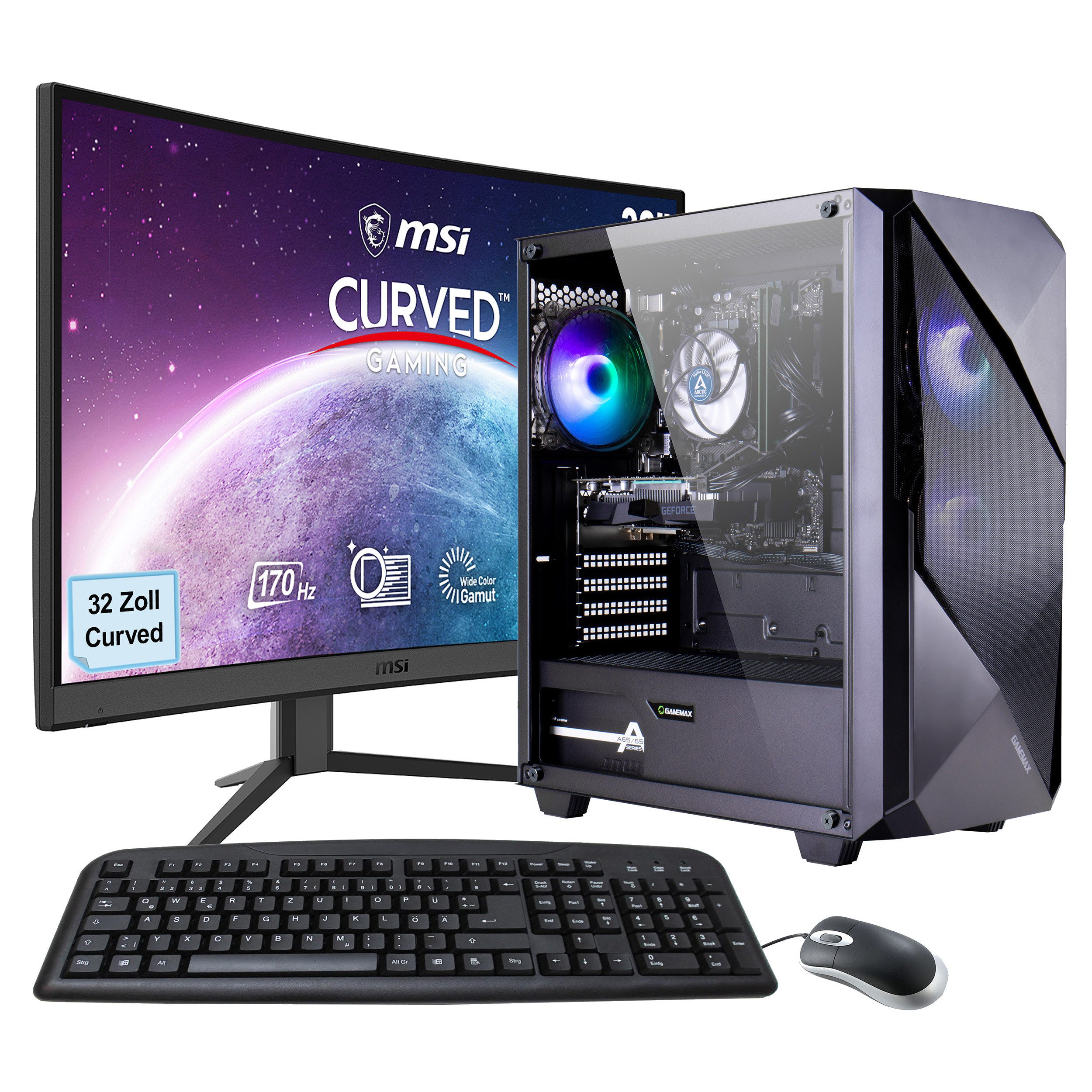 GAMEMAX MegaDeal Gaming-PC-Set Striker Gaming-PC-Komplettsystem (32", AMD Ryzen 7 5700X, GeForce RTX™ 4060, 32 GB RAM, Windows 11 + MSI G32C4 E2 Monitor Curved 80cm (32) + Maus & Tastatur)