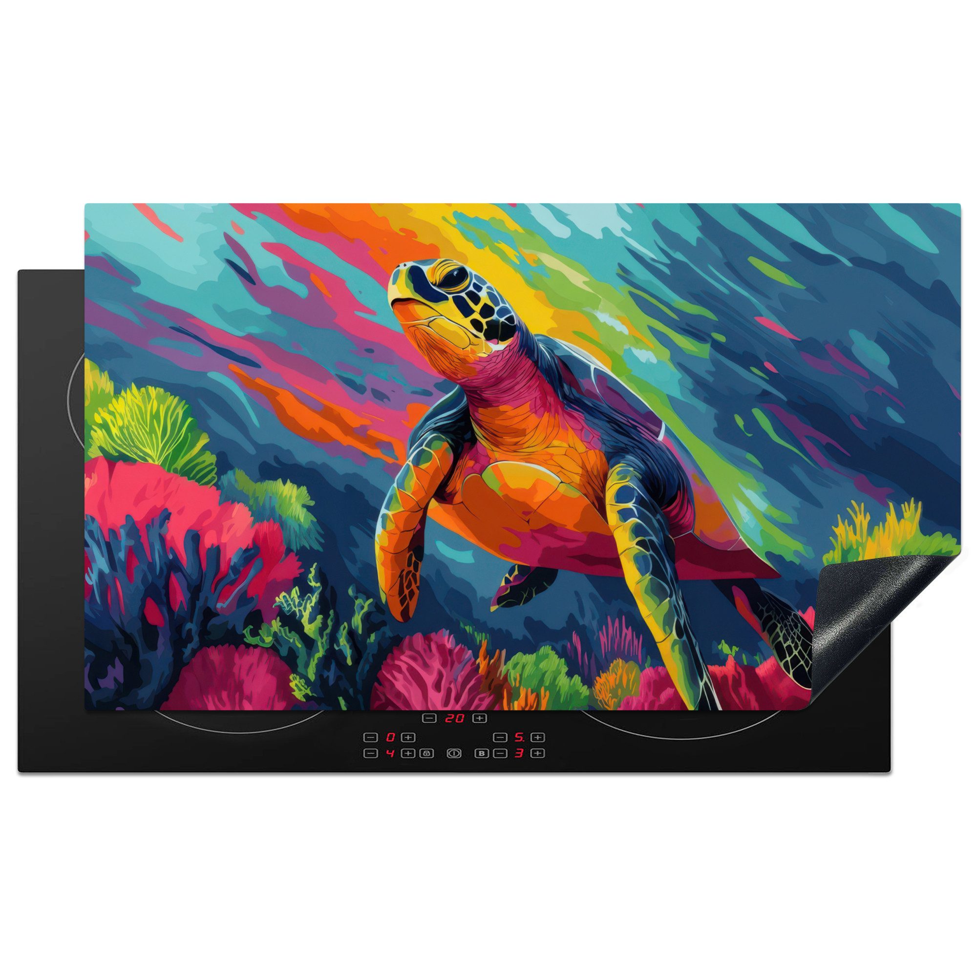 MuchoWow Herd-Abdeckplatte Koralle - Schildkröte - Abstrakt - Wasser, Vinyl, (1 tlg), Herdabdeckplatten für Ceranfeld, Induktionsschutz, 90x52 cm