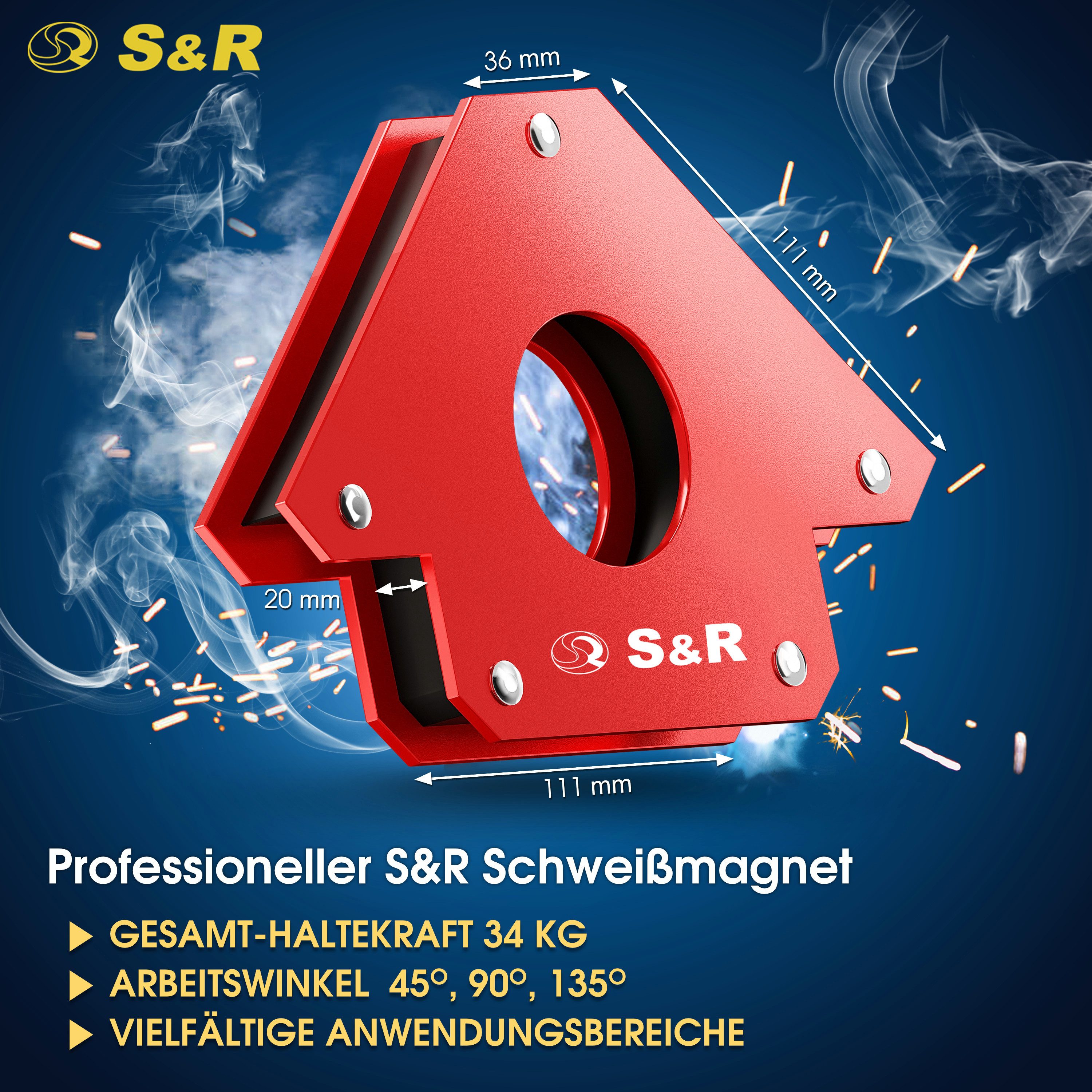 S&R Magnet-Schweißwinkel 125 mm Montagewinkel in Pfeilform mit Winkeln 45°, 90°, 135°, (1-St), Schweißhelfer mit hoher Haltekraft, für Werkstücke von 17 Kg pro Seite