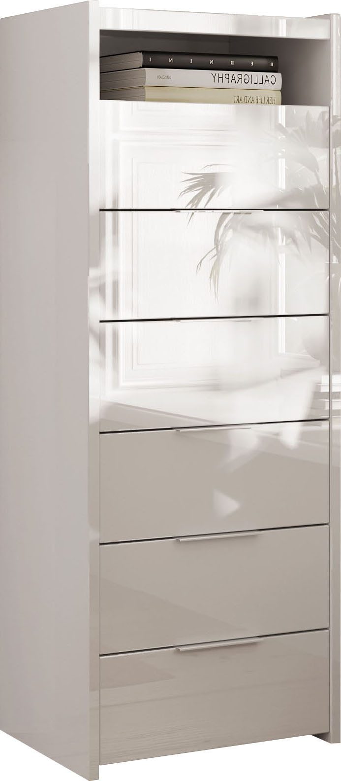 Home affaire Kommode Malmo, Schubkastenkommode B/T/H 52/40/135 cm, mit 6 Schubkästen, offene Ablage, Top 22 mm stark, Metallgriff, Weiss Hochglanz Lack