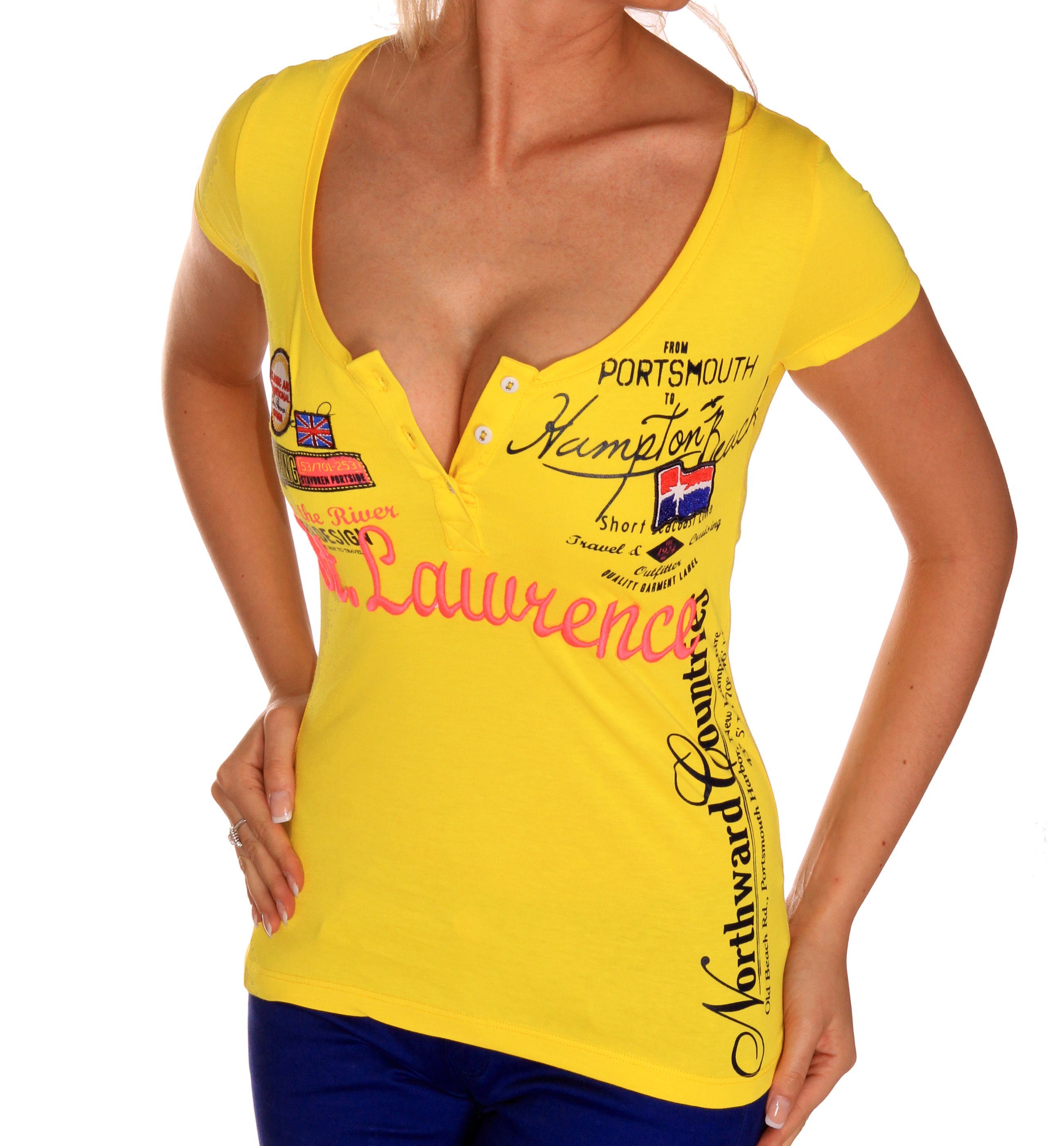 RMK T-Shirt Damen Freizeit Sommer kurzarm Shirt mit V-Kragen V-Neck Ausschnitt Gelb