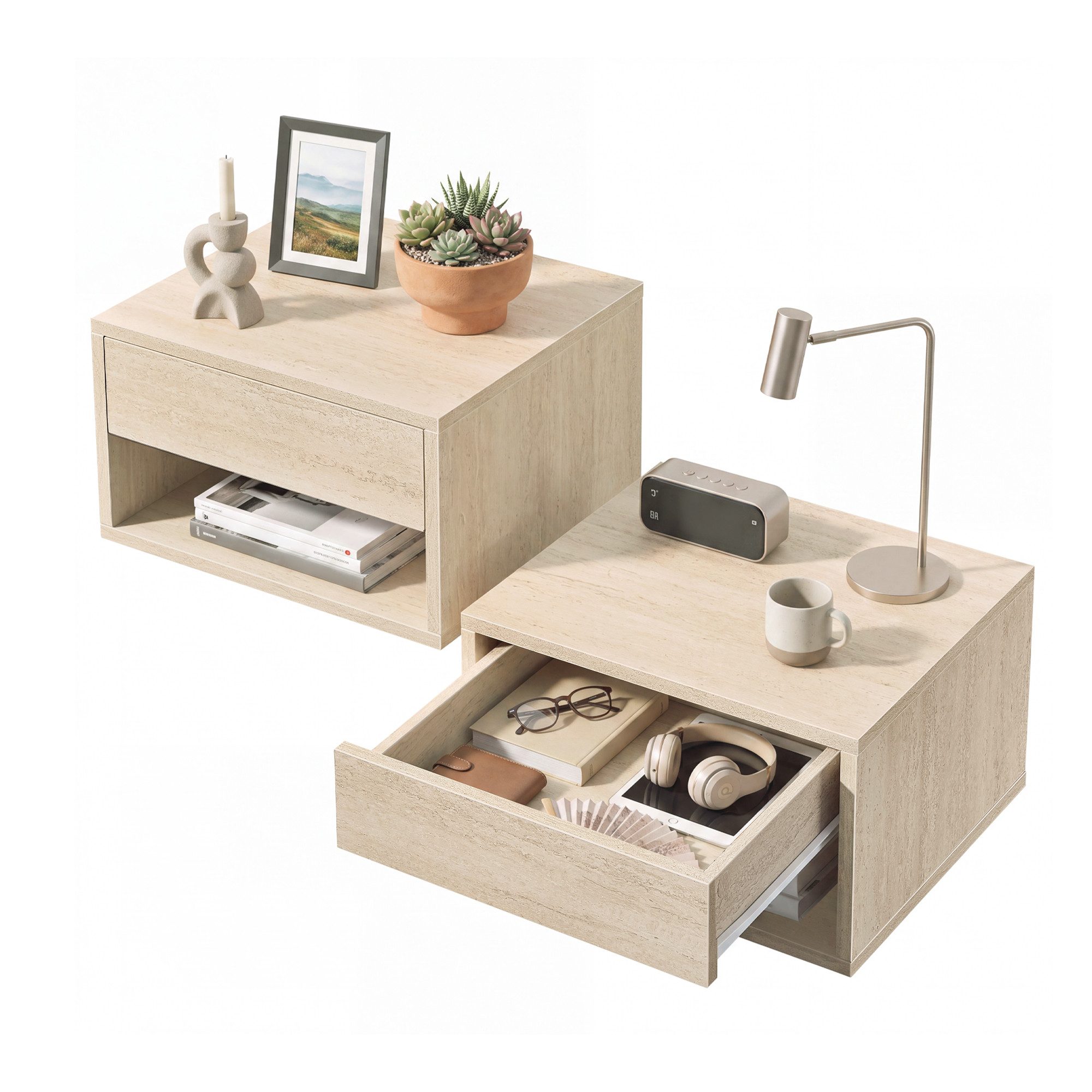 VASAGLE Nachttisch Nachttisch Nachtschrank 2er Set Schwebend mit Schublade, 40 x 35 x 23 cm für Schlafzimmer, Offenes Fach