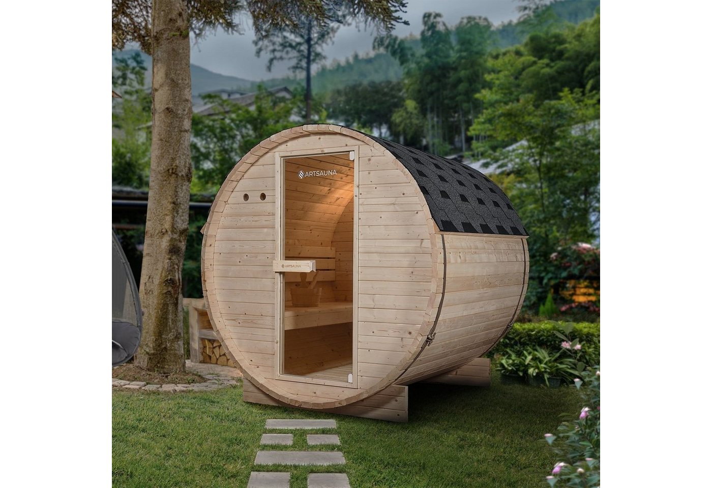 Thumbnail - Artsauna Fasssauna Spitzbergen 180, BxTxH: 191 x 180 x 193 cm, für 4 Personen, Fichtenholz, 6 kW Elektro-Ofen, Komplett-...