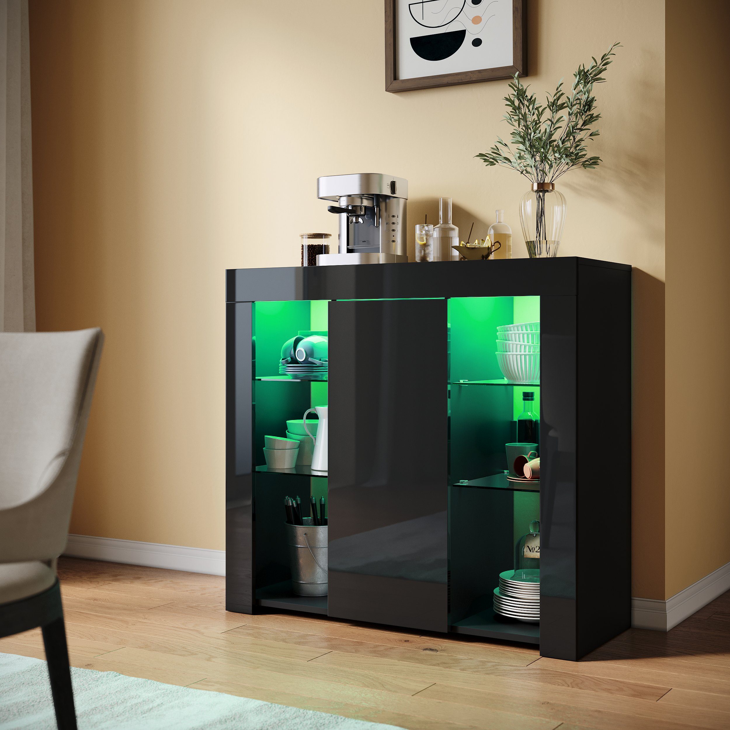 SONNI Sideboard mit LED Beleuchtung 90x35x83cm Weiß/Schwarz Hochglanz, mit Schranktür und 4 glas Einlegeböden – Bild 4 von 5