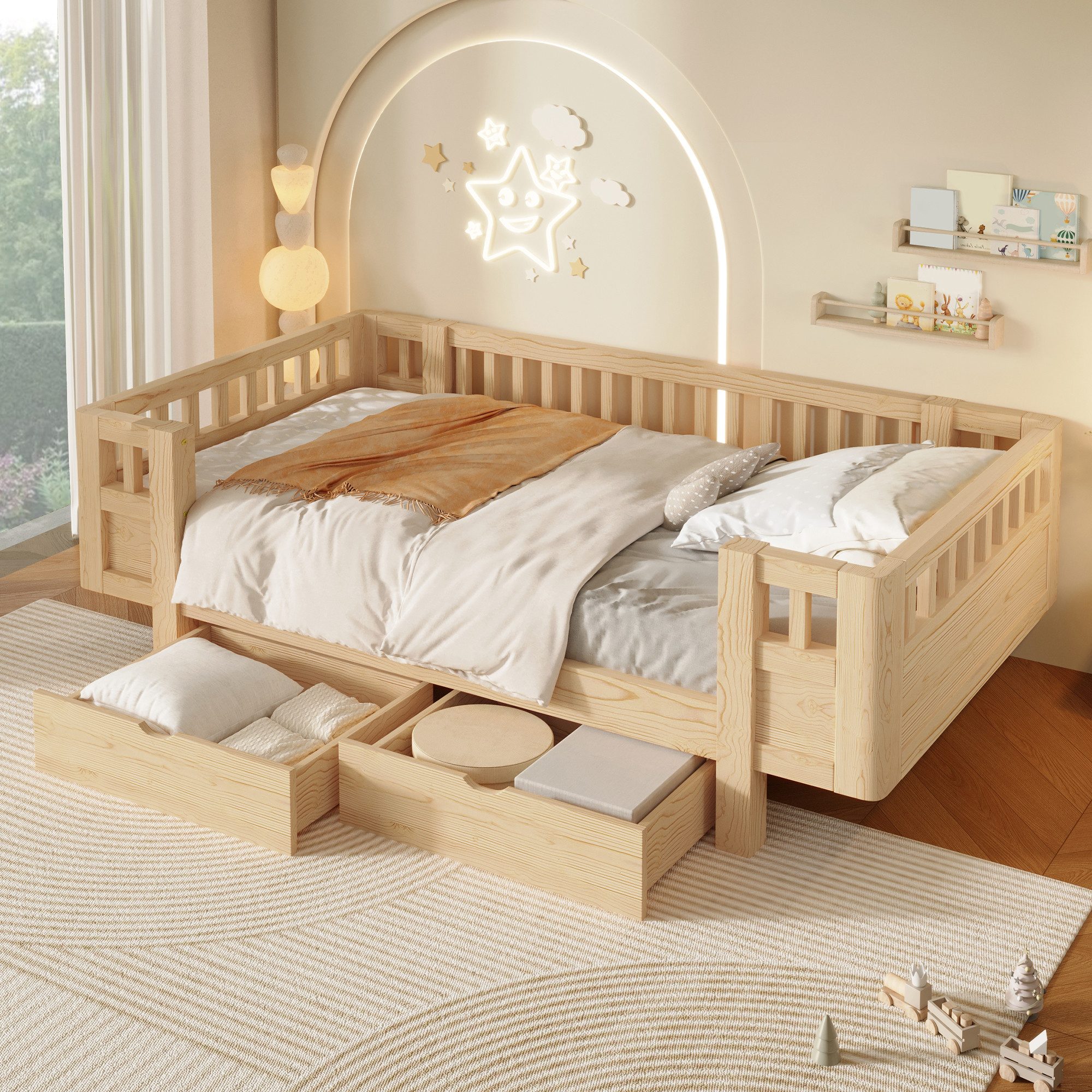 Merax Kinderbett mit Schutzgitter und 2 großen Schubladen (1-tlg), Massivholz Plattformbett 90x200cm Stauraumbett Jugendbett