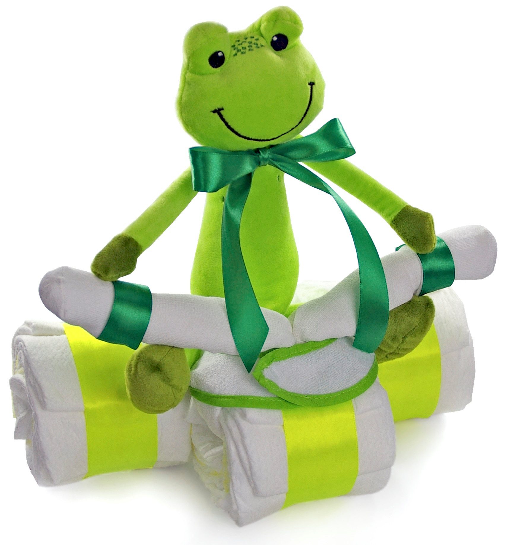 dubistda-WINDELTORTEN- Neugeborenen-Geschenkset Neutrale Windeltorte Dreirad Frosch grün (Geschenk zur Geburt Babyparty und Babyshower) Windeldreirad