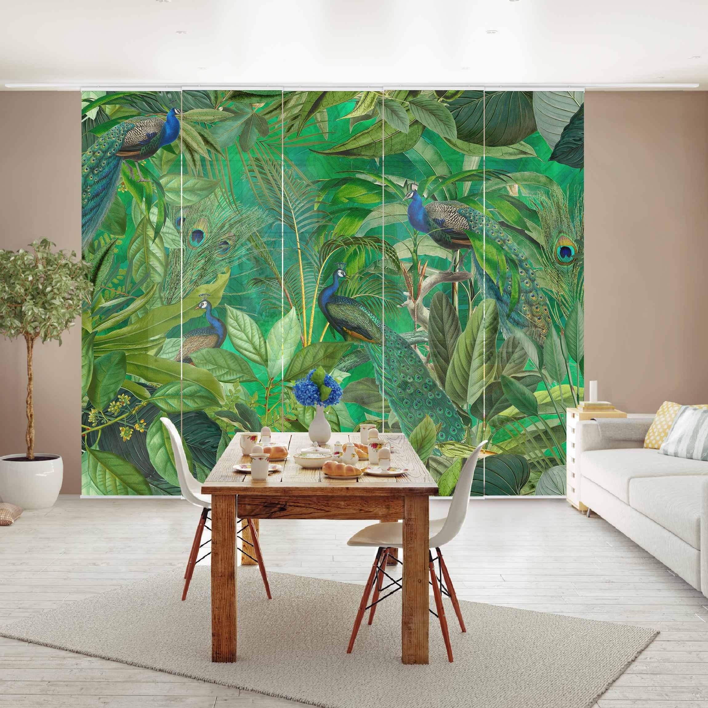Bilderdepot24 Schiebegardine modern Flächenvorhang blickdicht Pfauen günstig online kaufen
