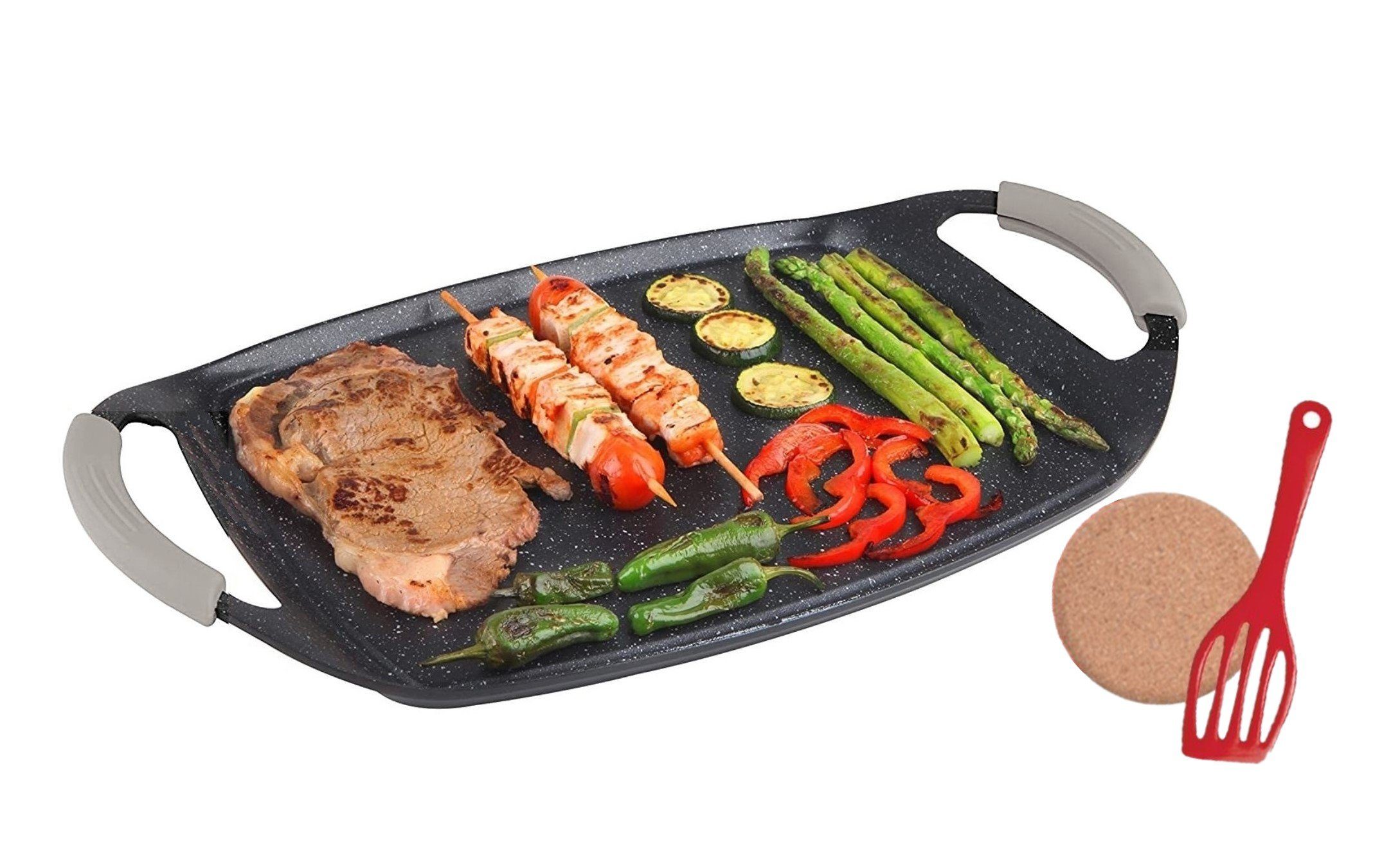 KESSMANN Grillplatte Induktion Grillplatte Ø 47cm Bratplatte BBQ Grill für alle Herdarten (Set, 3-St., zum Aufsetzen auf Holzkohlegrill/Gasgrill, Ofen & Herd Campinggrill), eckige Grillschale Grillpfanne Wendeplatte Raclette grillen Antihaft