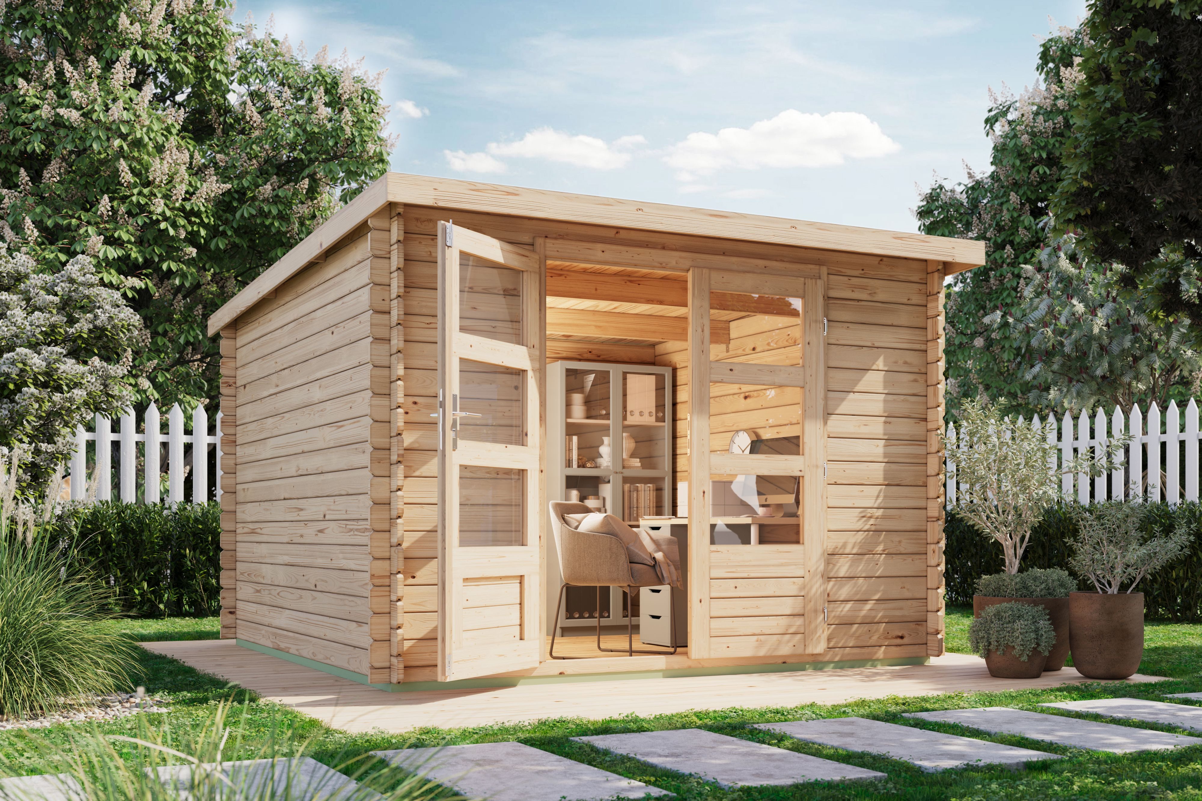 Karibu Gartenhaus "Remus" mit Pultdach aus Massivholz, klassische Blockbohlenbauweise, BxT: 297x297 cm, aus hochwertiger naturbelassener nordischer Fichte