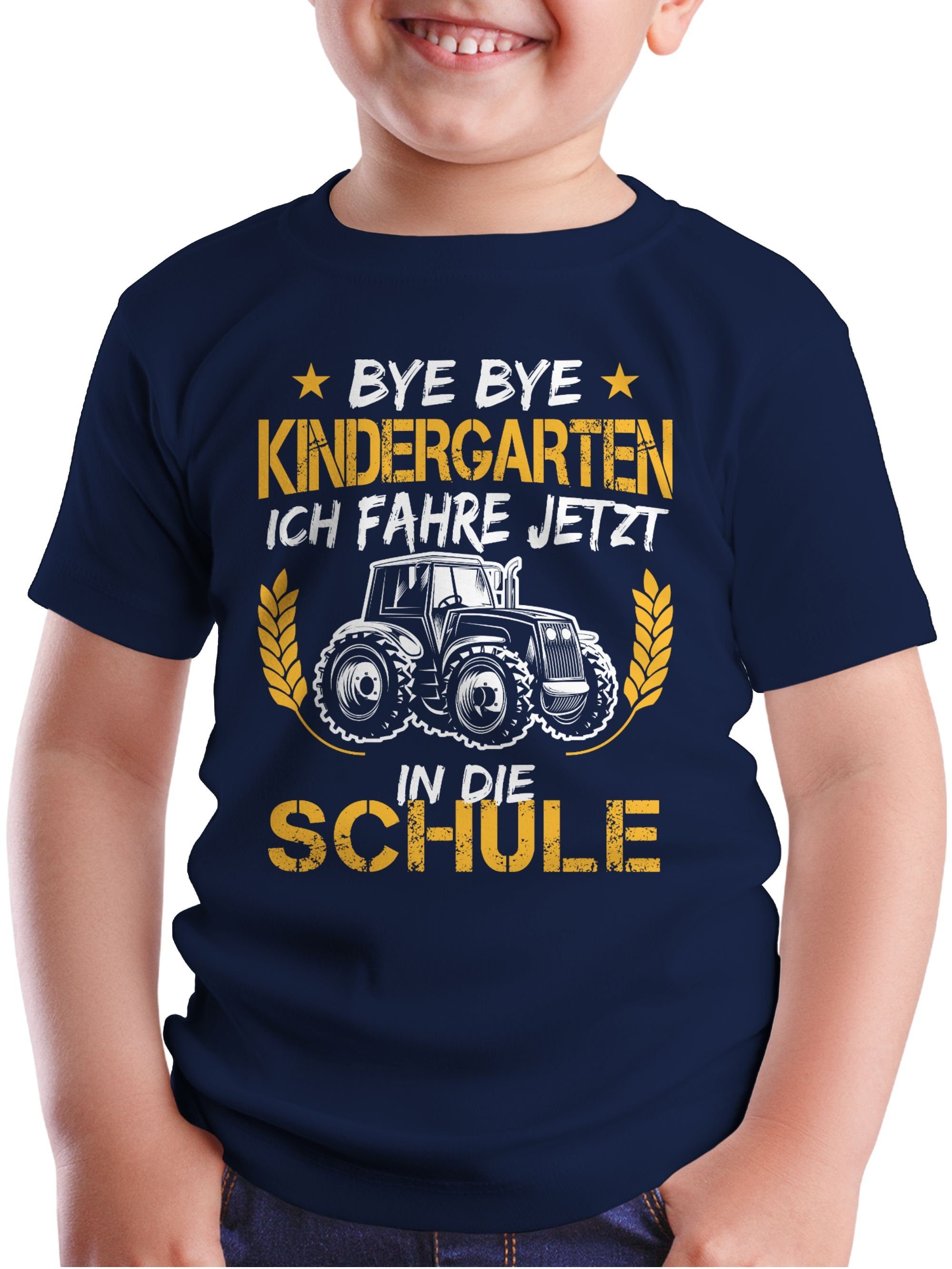 Shirtracer T-Shirt Bye Bye Kindergarten Traktor Geschenke ich jetzt die Einschulung 1 Schule Weiß Junge Schulanfang in Blau fahre Navy Orange
