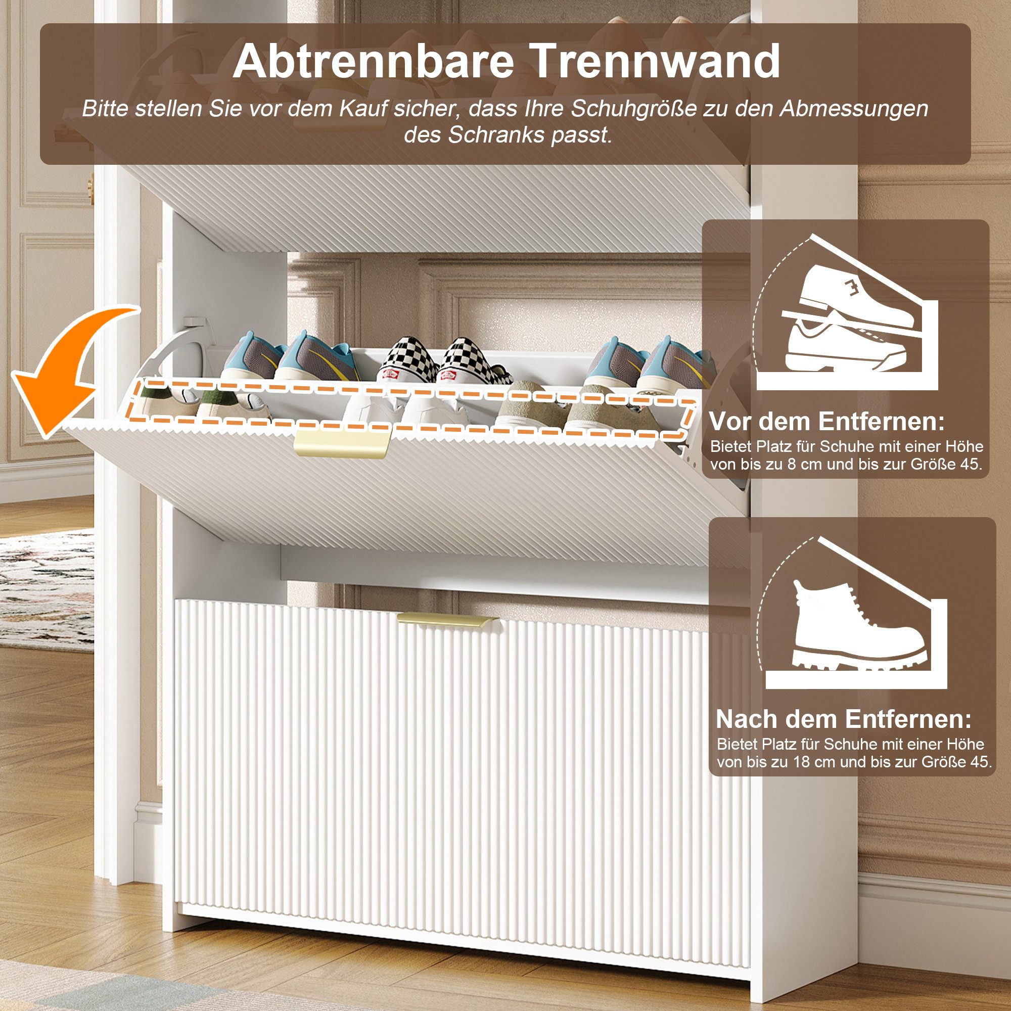i@home Schuhkipper Moderner, schmaler Schuhschrank mit 3 Klappfächern und 2 Schubladen, Schuhkipper für Flur und Eingangsbereich, Weiß, 80 × 25 × 135 cm