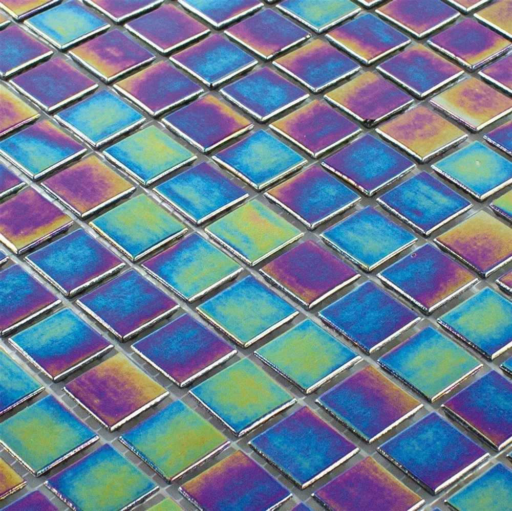 Mosafil Mosaikfliesen Glasmosaik Williams Perlmutt Effekt Grün Schwarz, Glas 30.500x30.500, schwarz-grün-lila, Verlegefertig auf ein Netz geklebt - Frostsicher - Wasserfest