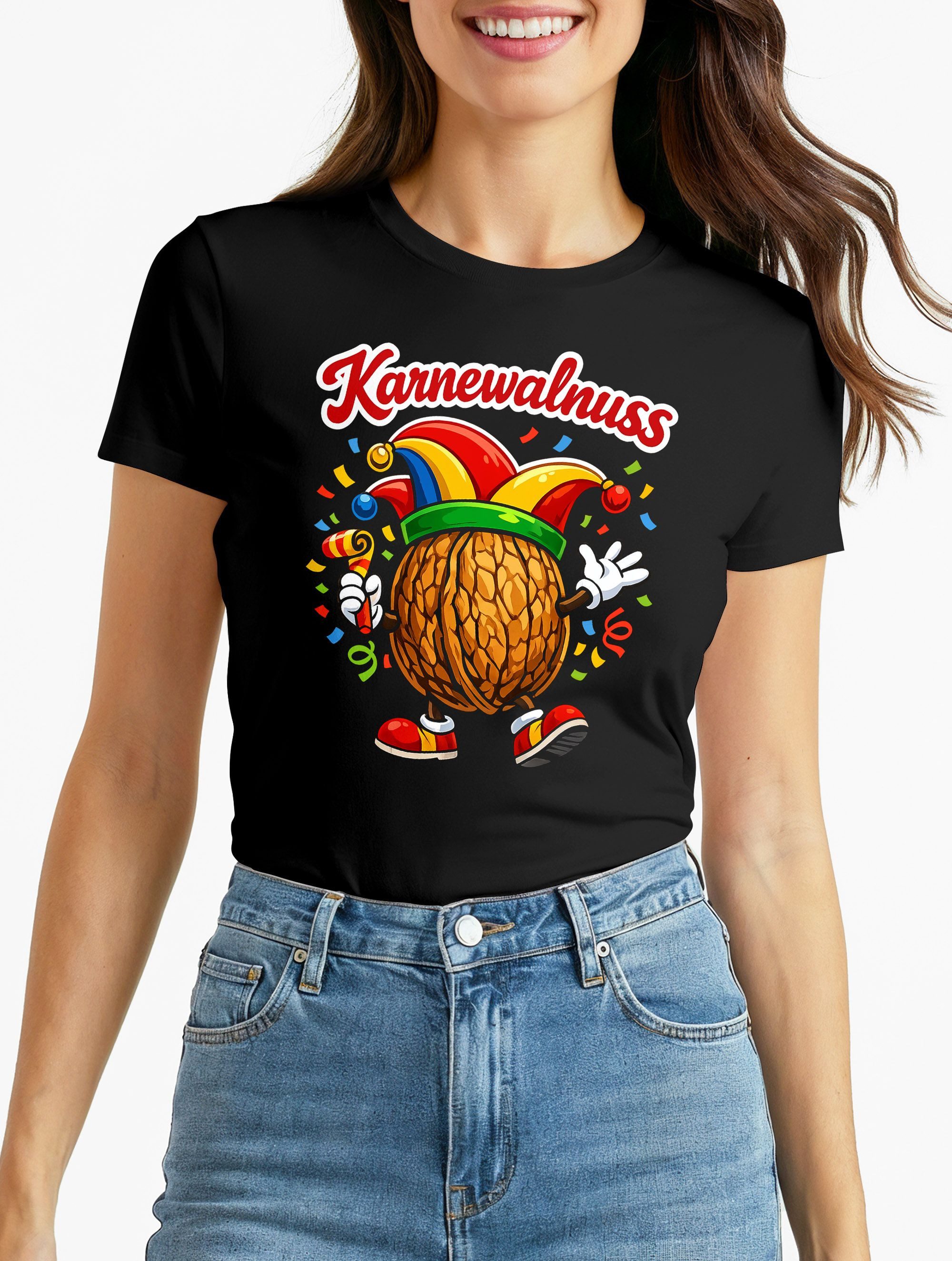 Print-Shirt Damen T-Shirt - Karne-Walnuss Design- Fasching Karneval Ersatz