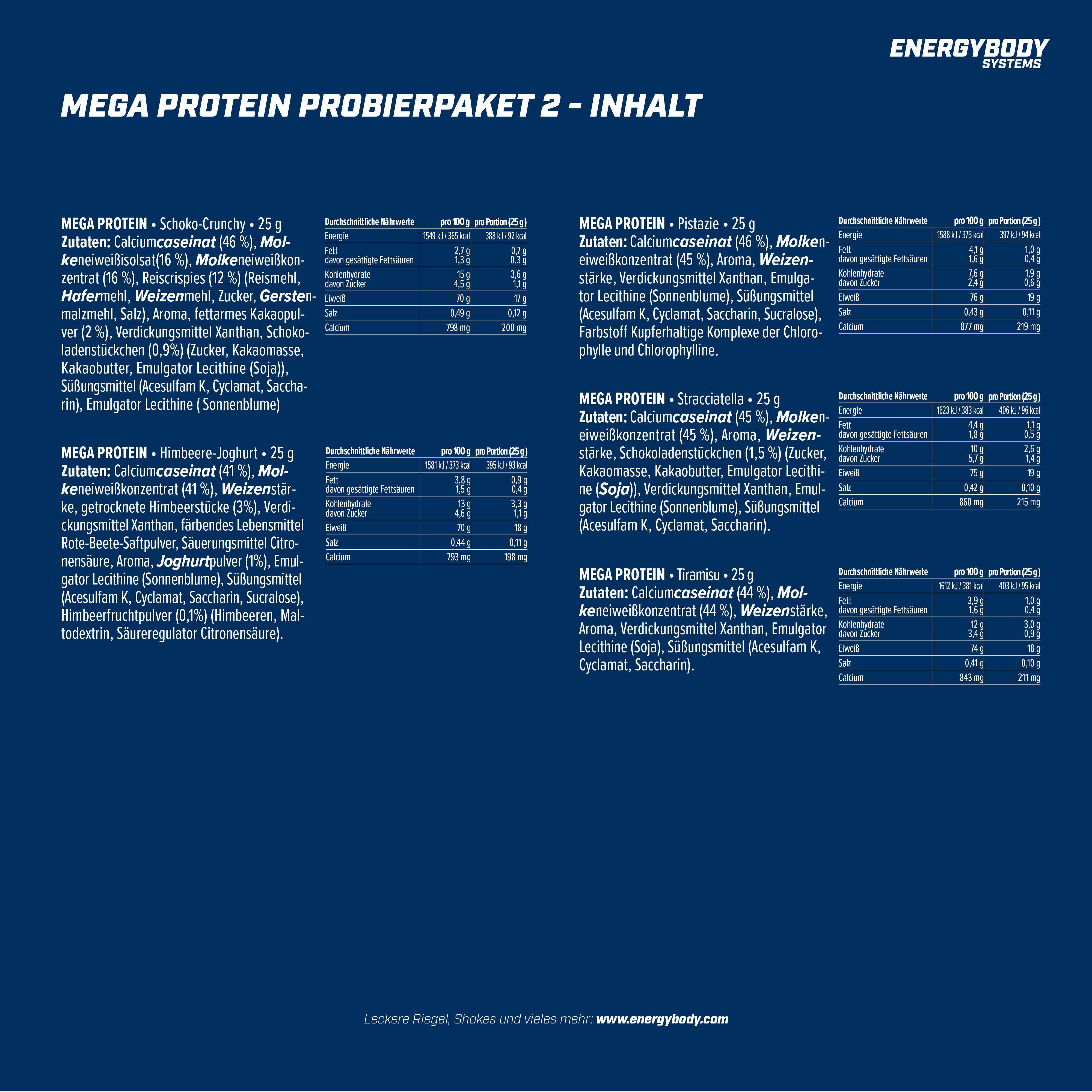 Energybody Systems Mega Protein Probierpaket Eiweißpulver, Whey Protein und Casein Pulver, 5 er, aspartamfrei, ideal für unterwegs und zum Testen, 5x25 g