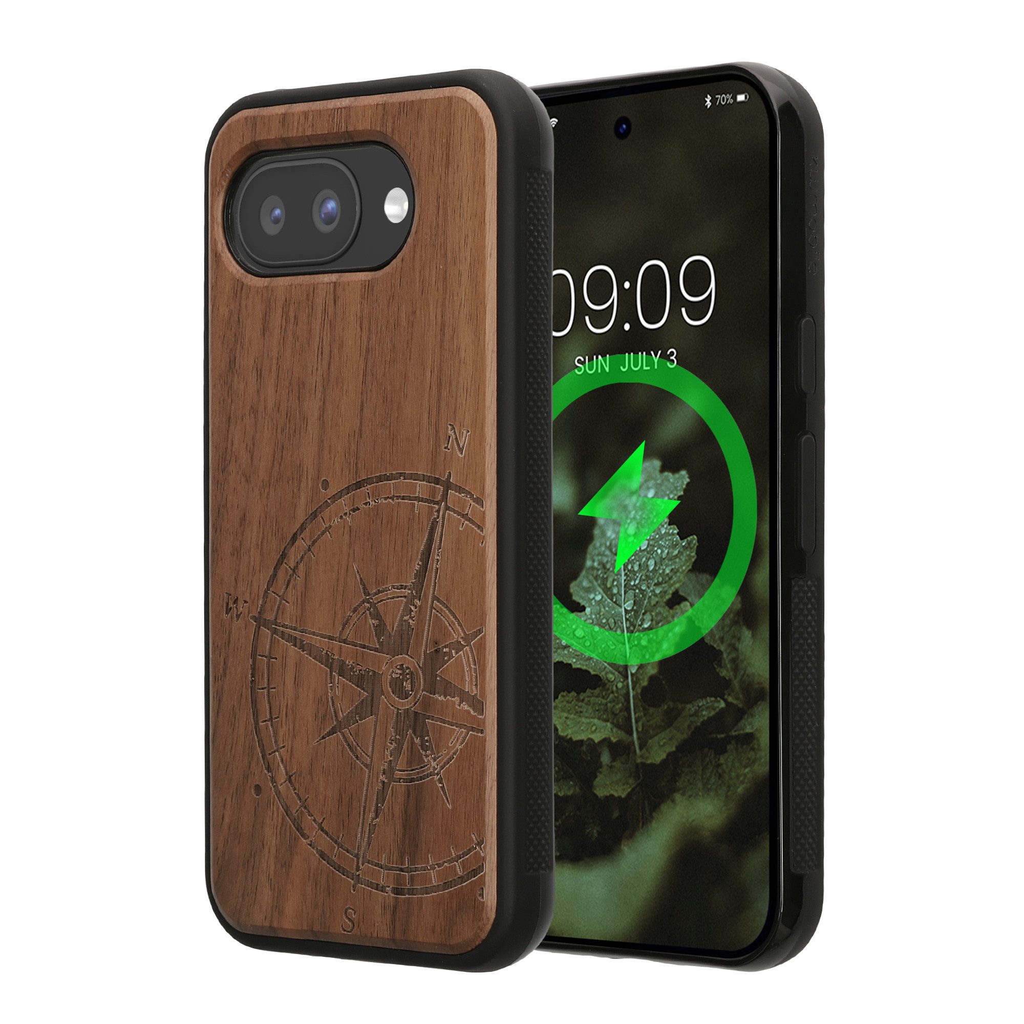 kwmobile Smartphone-Hülle Echtholz Schutzhülle für Google Pixel 10a Cover, Hülle kompatibel mit MagSafe Holz Kompass Vintage Design