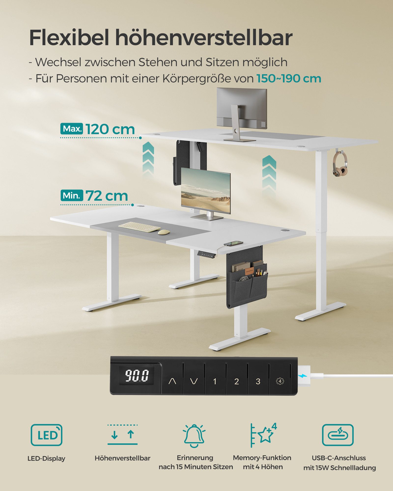 SONGMICS Schreibtisch Höhenverstellbarer elektrisch, USB-C-Anschluss (mit Stoff- Organizer), stufenlos verstellbar, Memory-Funktion mit 4 Höhen, 120/140/160/180 cm