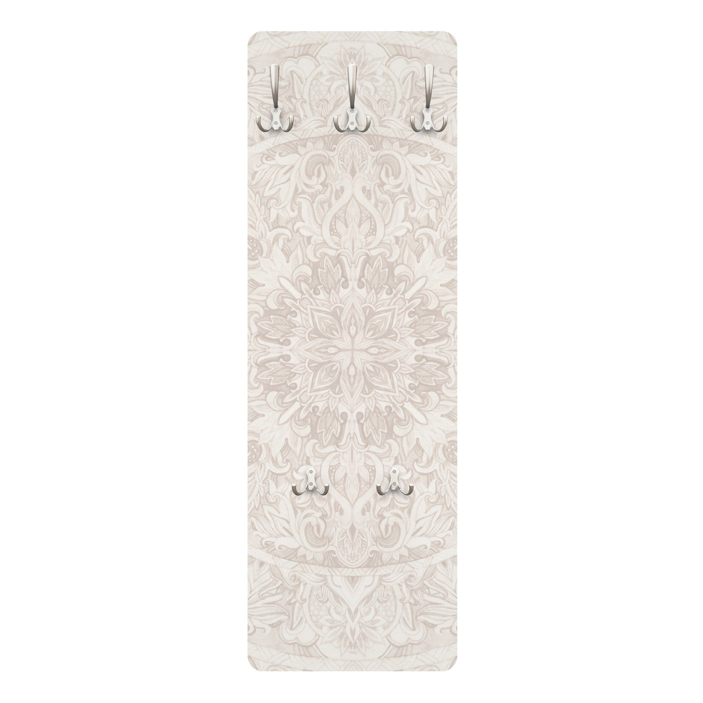 Bilderdepot24 Garderobenpaneel beige Aquarell Kunst Muster Spirituell Mandala Aquarell Ornament beige (ausgefallenes Flur Wandpaneel mit Garderobenhaken Kleiderhaken hängend), moderne Wandgarderobe - Flurgarderobe im schmalen Hakenpaneel Design