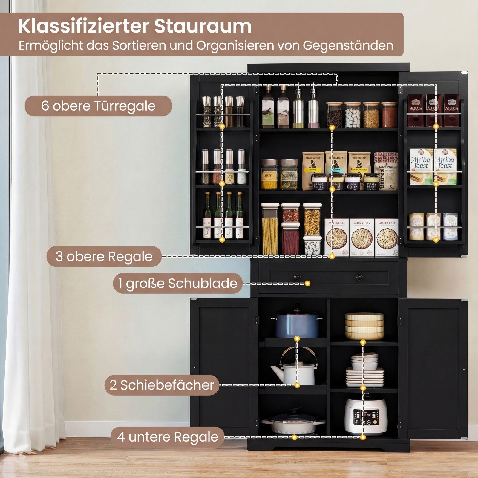 COSTWAY Vorratsschrank Küchenbuffet Hochschrank, mit Schiebetabletts, 184cm