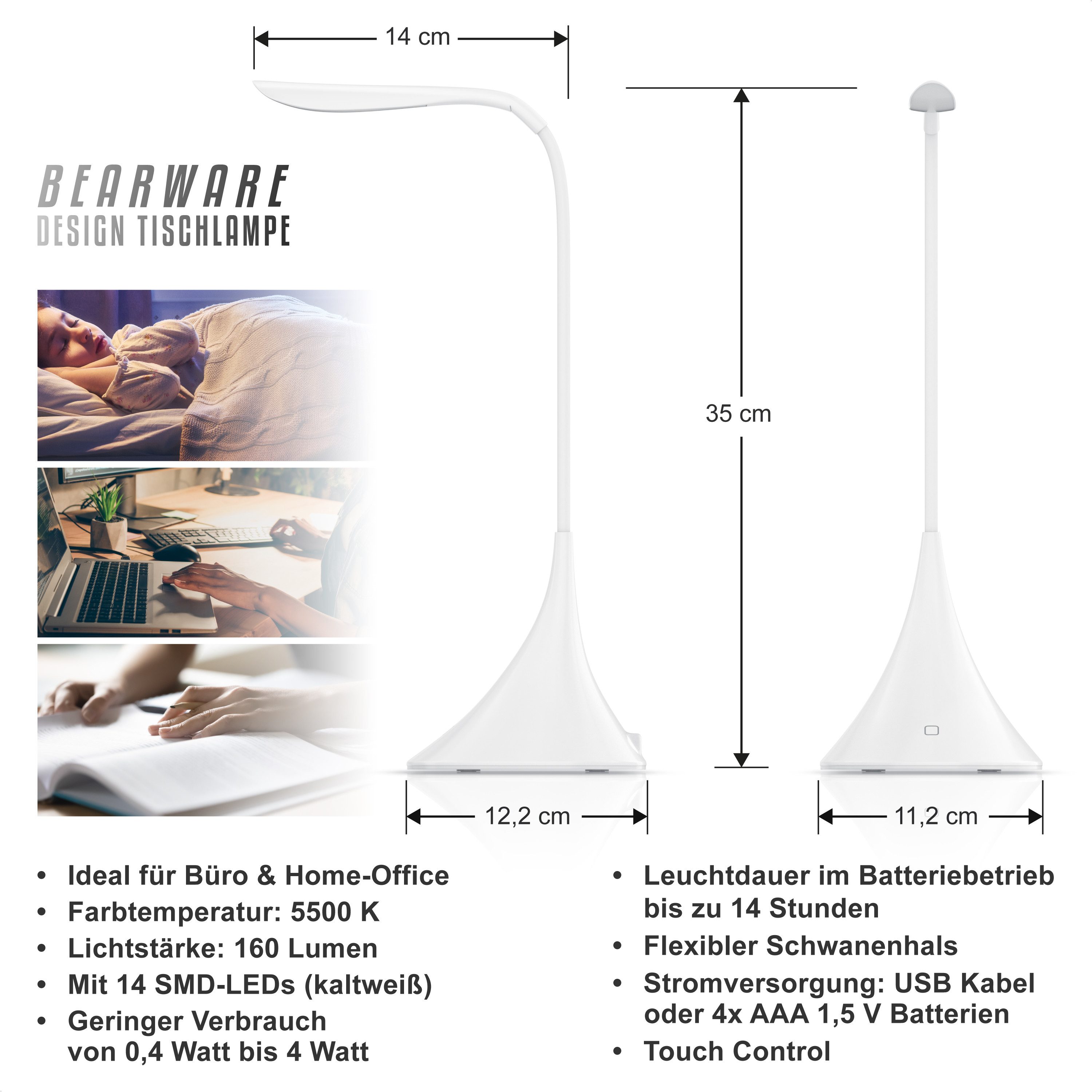 BEARWARE Schreibtischlampe LED Tischlampe, kabellos, flexibler Schwanenhals günstig online kaufen