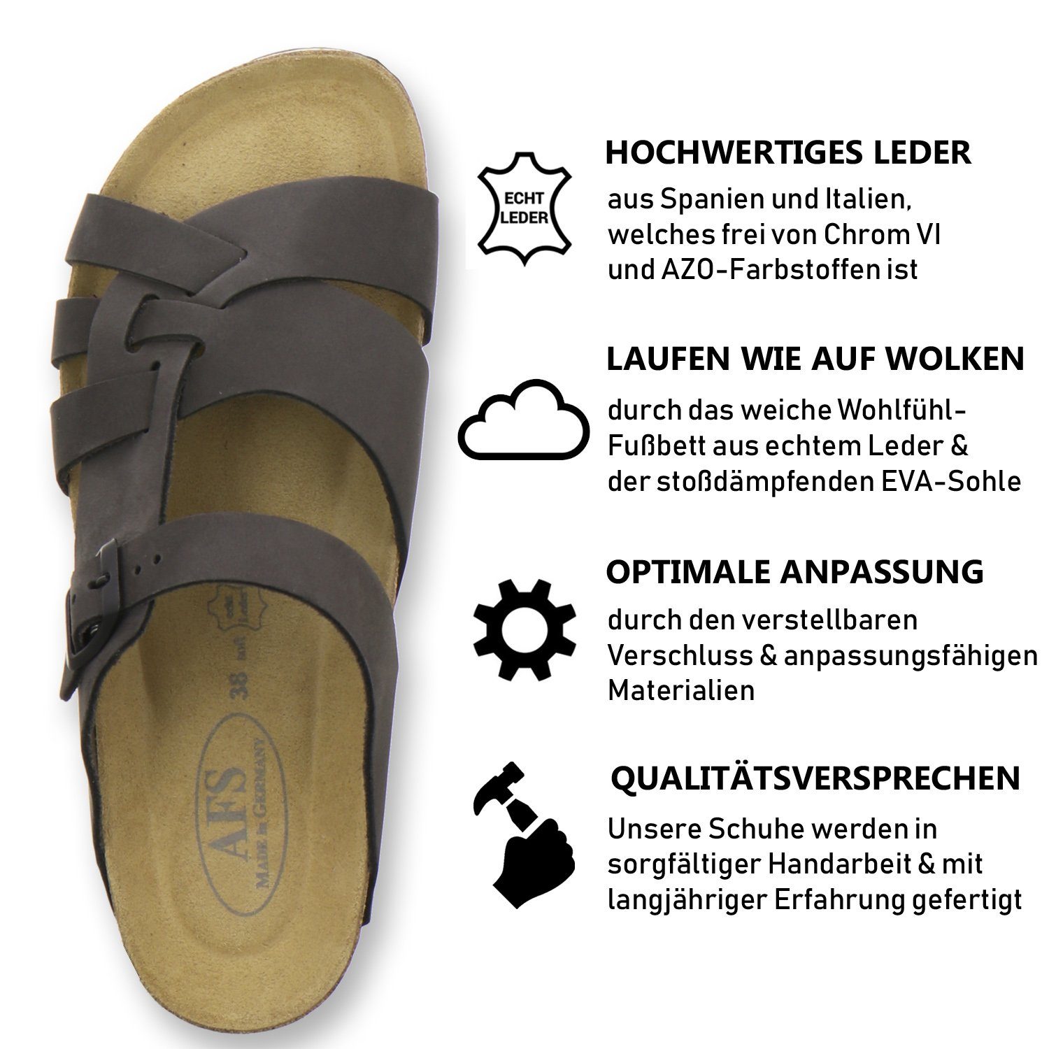 2122 mit für stone Fussbett, Pantolette Damen aus Leder in Made AFS-Schuhe Germany