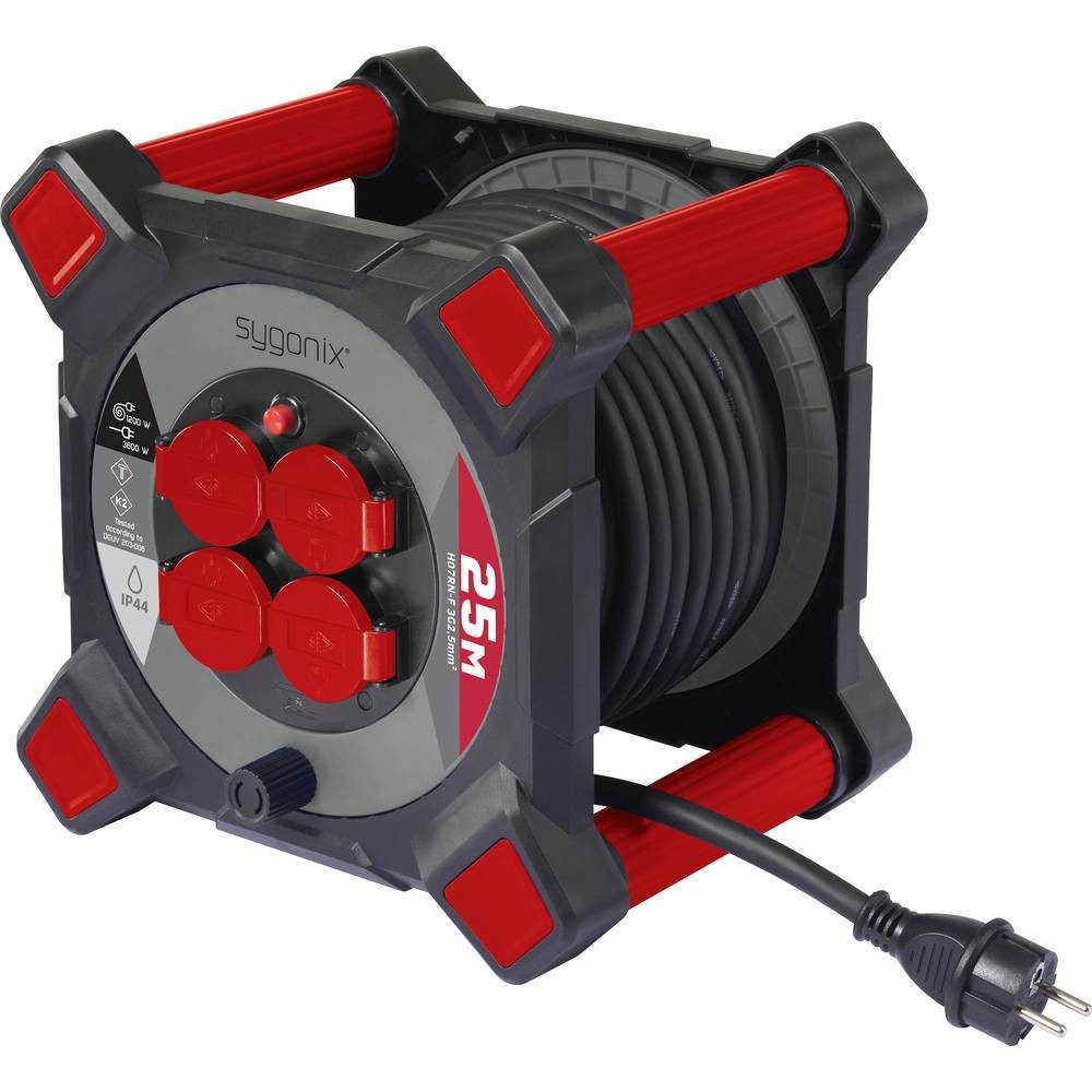 Sygonix SY-10236123 Kabeltrommel 25 m Schwarz Schutzkontakt-Stecker Kabeltrommel, erfüllt BGI 608