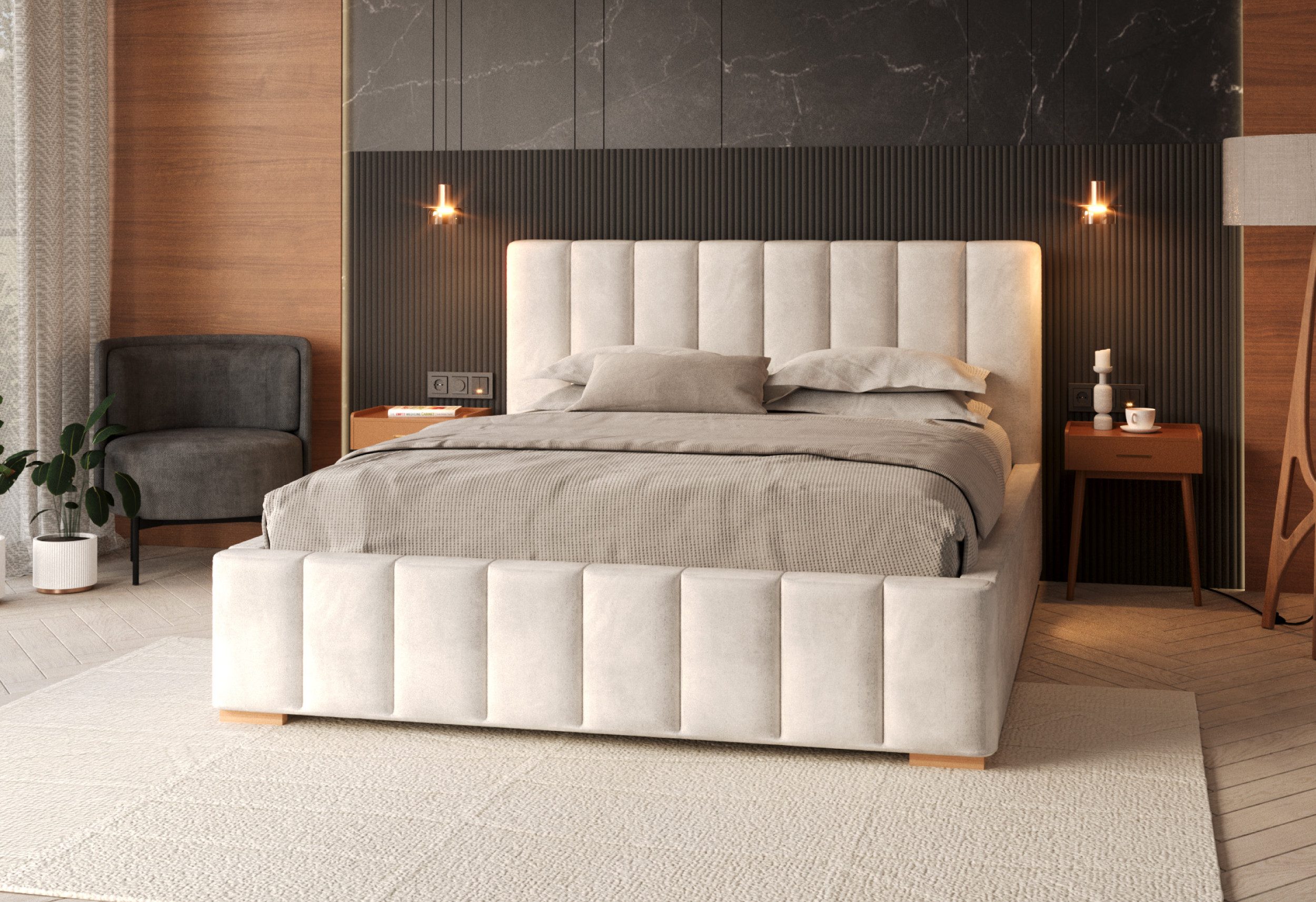FDM Polsterbett DENTON modern mit Bettkasten MADE IN EU - mit hochwertigem Paris Bezug (verfügbar 90x200 120x200 140x200 160x200 180x200cm, Bettrahmen, Bett, mit großen gepolsterten Kopfteil, mit Bettkasten zum aufklappen), Hebbarer Metallrahmen, Bettkasten, mit/ohne Matratze