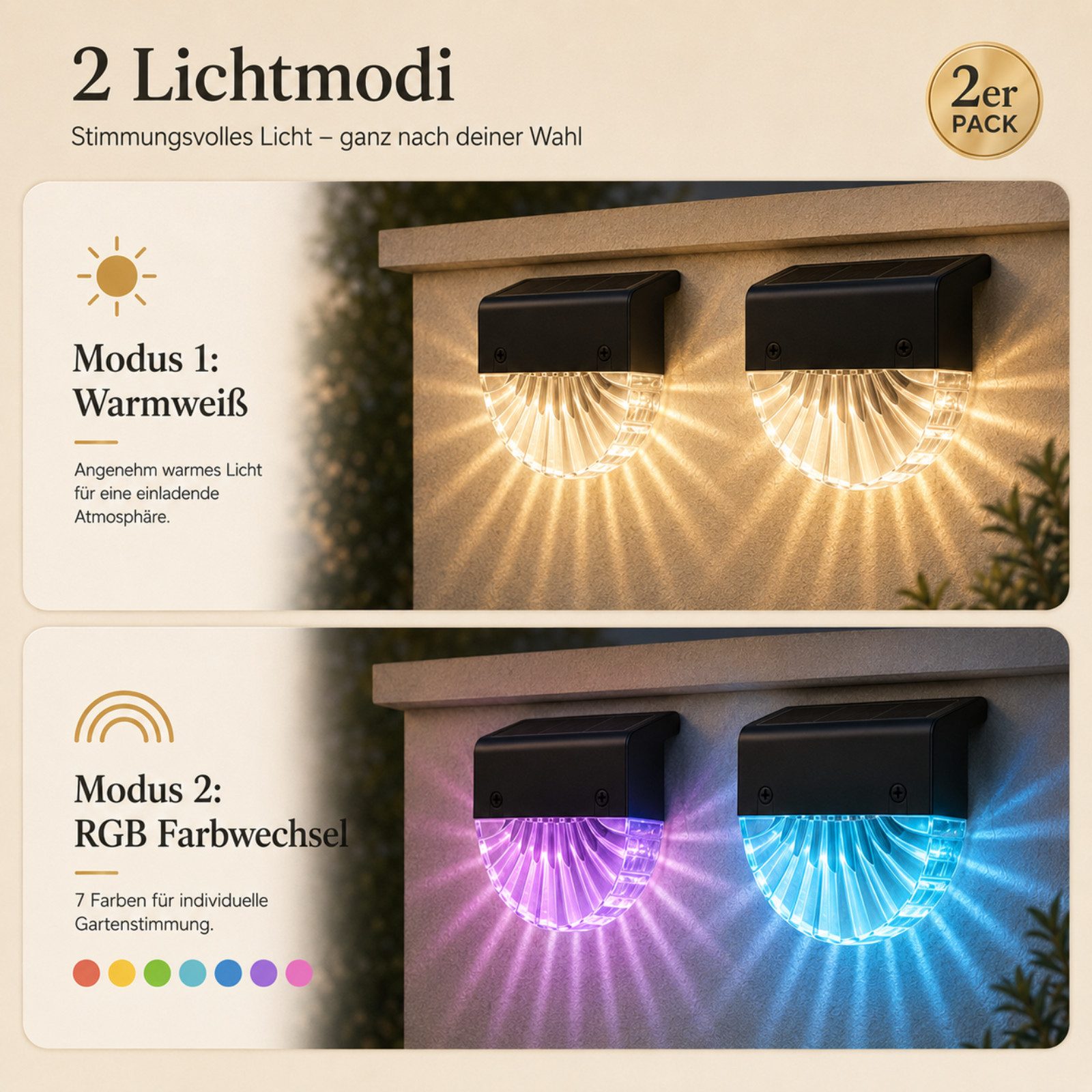 Luckice LED Außen-Stehlampe Solarleuchten Außen Garten 2er Set, Solar Zaunleuchten mit, Warmweiß & 7 Farben RGB, IP65 Solar Gartenleuchten mit 2 Lichtmodi, Sola – Bild 2 von 5