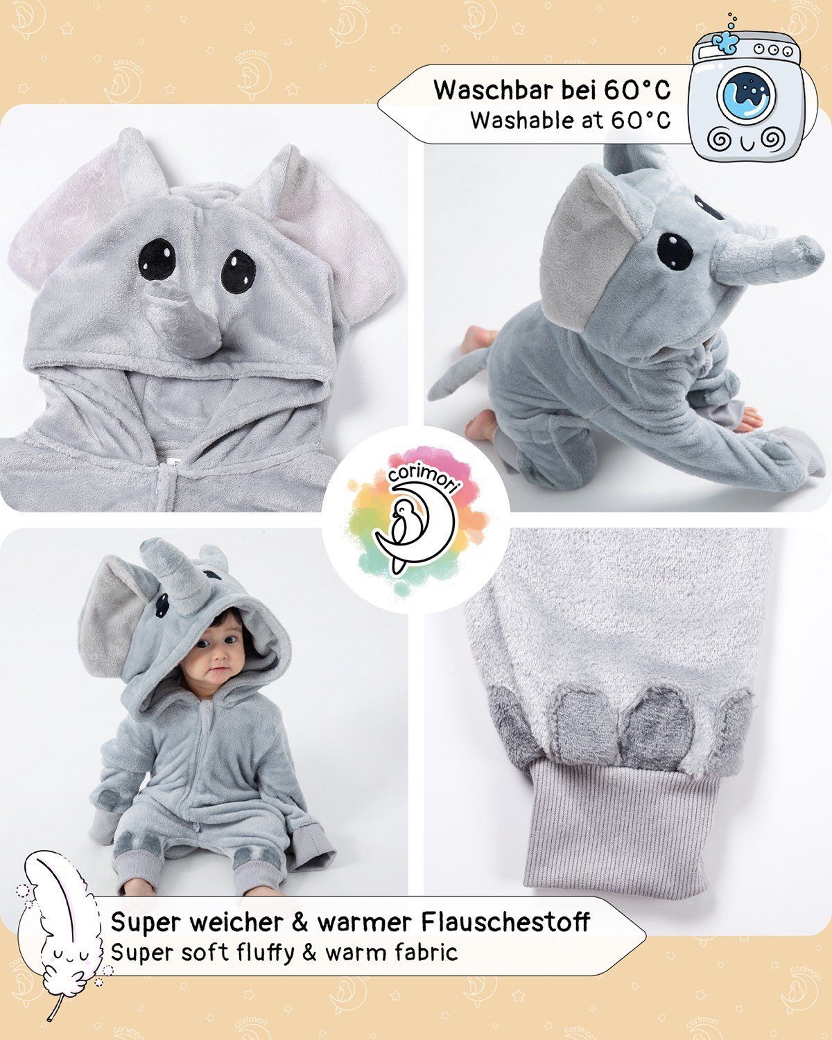 Corimori Strampler Onesie Elefant Nuru Baby Strampler Größen 60-90cm (1-tlg) Strampler, Fasching, Kigurumi, Tierkostüme, Babys, Elefant "Nuru"
