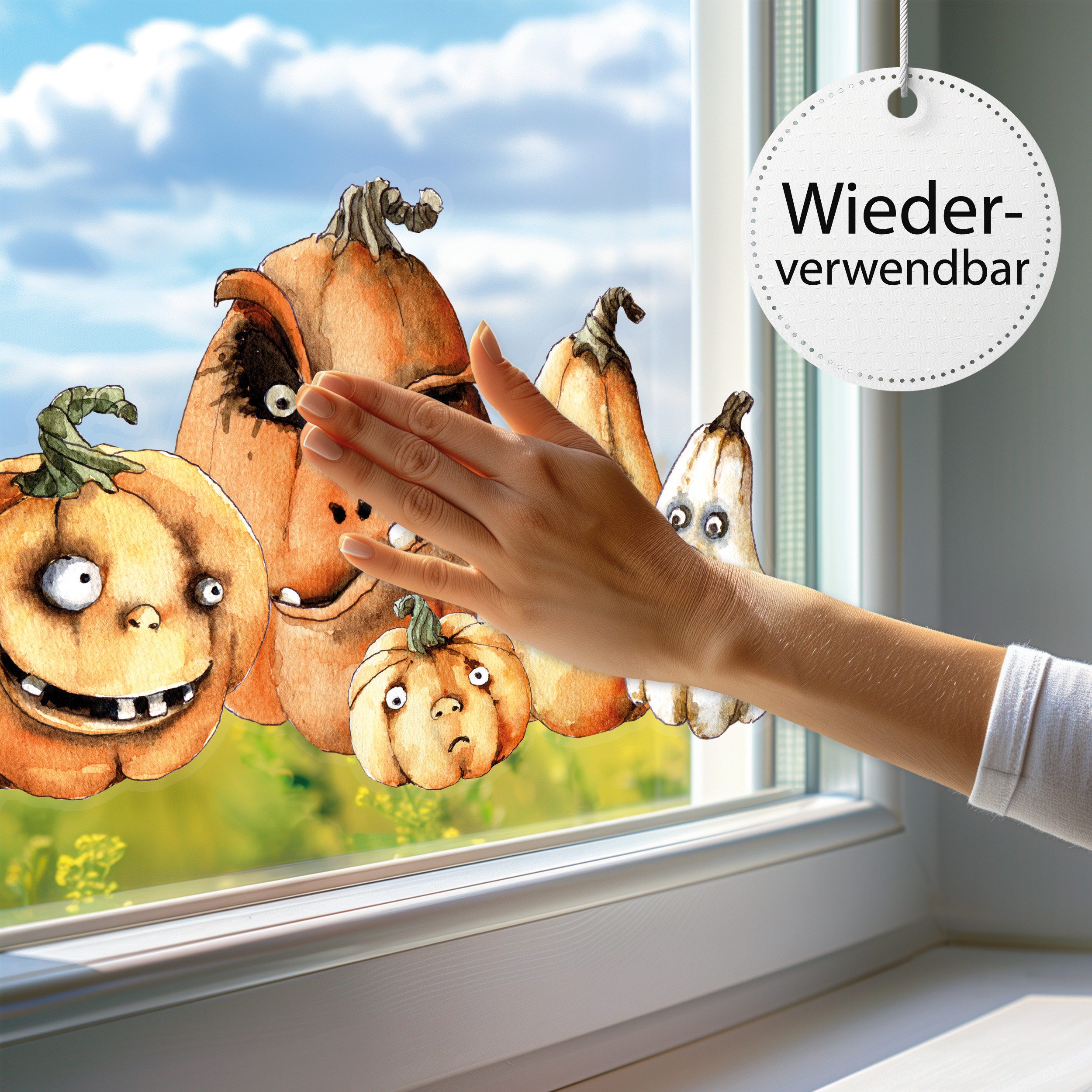 Sunnywall Fensterbild Fensterbild wiederverwendbare Fensterbilder Halloween Kürbisse, wiederverwendbar, statisch haftend, beidseitiger Druck