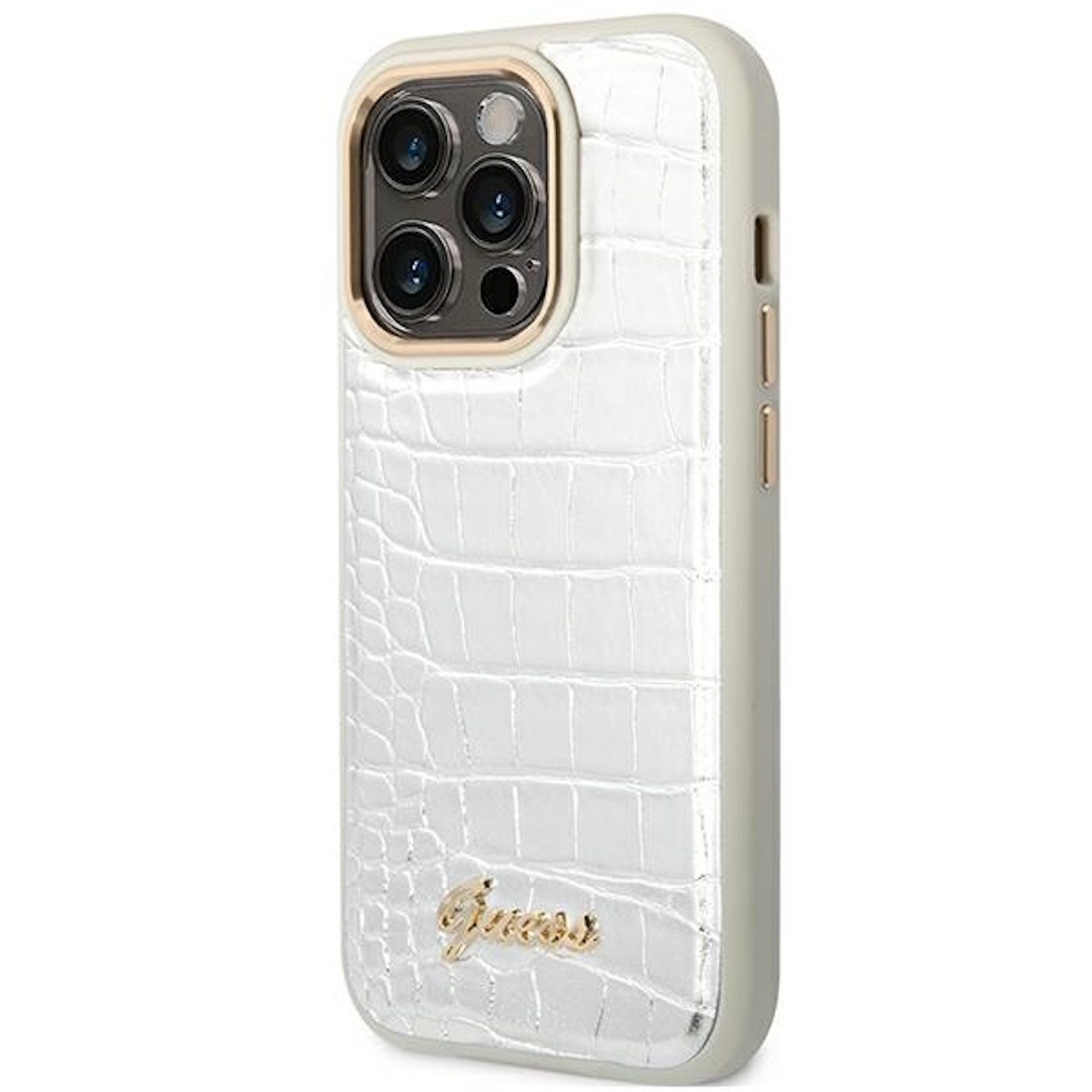 Guess Handyhülle Guess Apple iPhone 14 Pro Hardcase Schutzhülle Croco Collection Silber