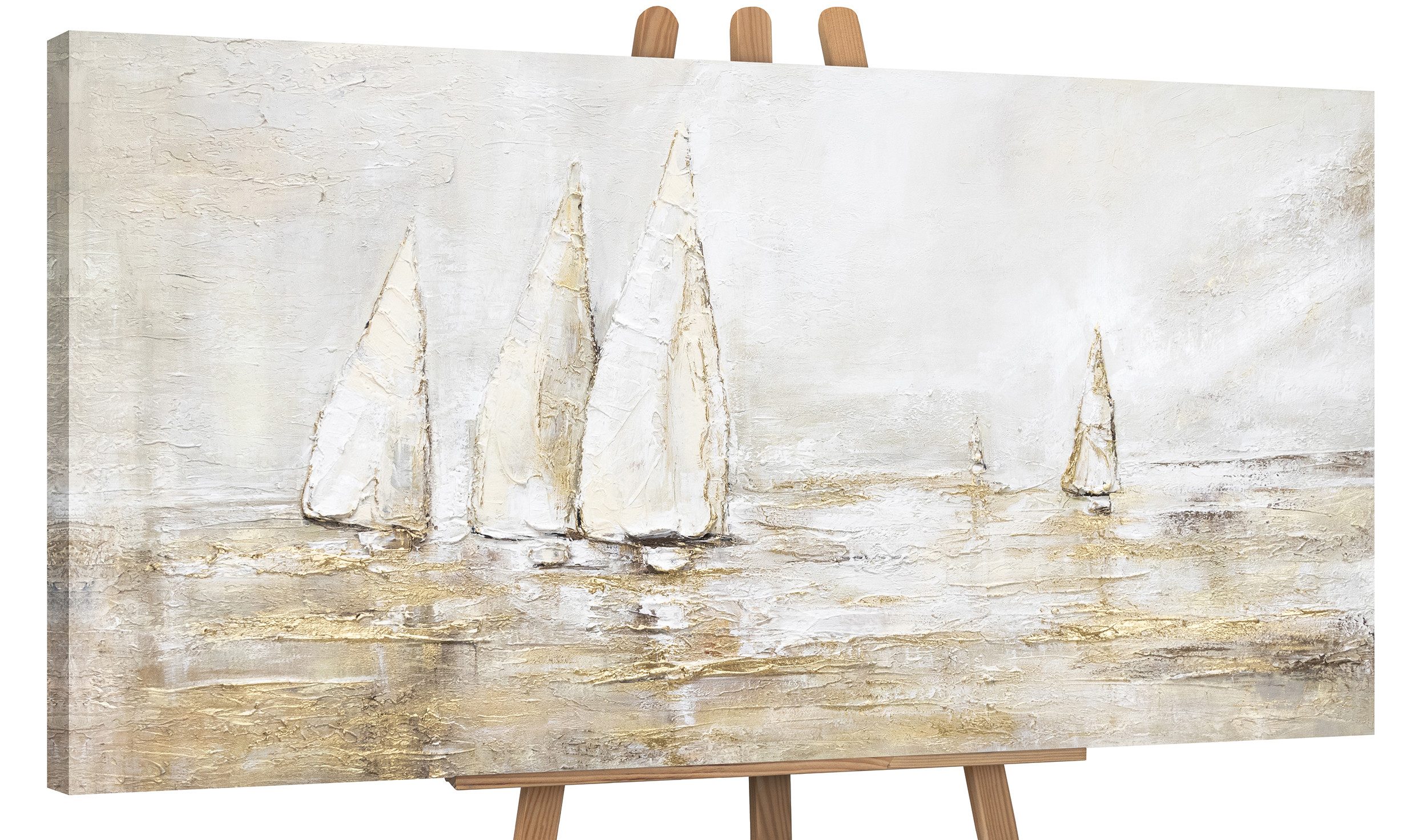 YS-Art Gemälde Sonnenblendung, Landschaftsbilder, Gold Segelboote günstig online kaufen
