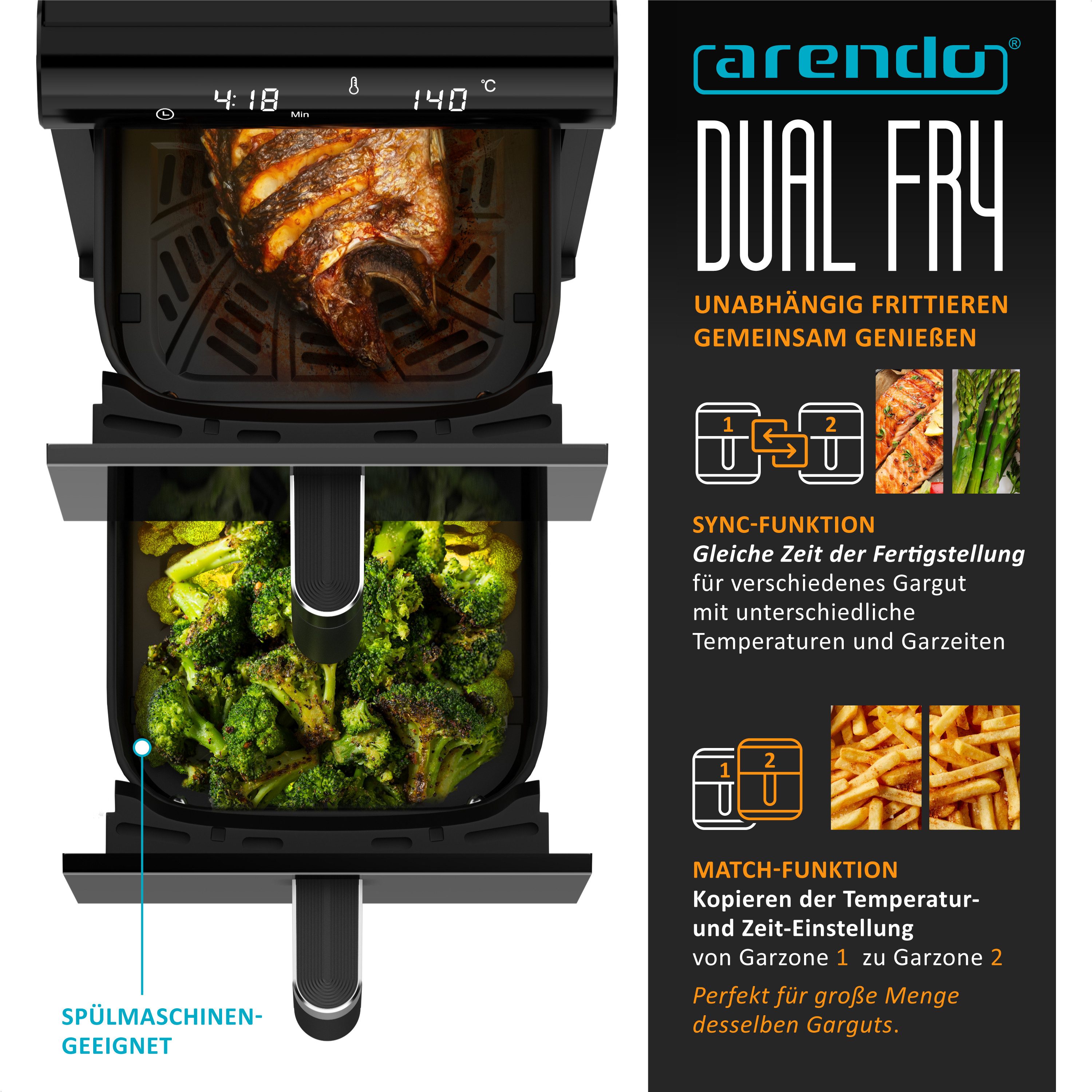 Arendo Heißluftfritteuse mit 2 Kammern Übereinander, XXL Dual Zone Airfryer 11L, Doppelkammer, 2800 W, mit Zubehör, Umluft Backofen, Sichtfenster, fettarmes ges – Bild 5 von 5