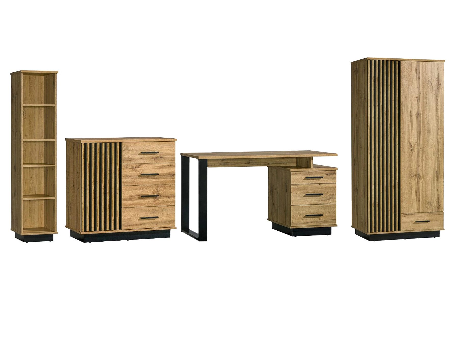 Beautysofa Jugendzimmer-Set LAMELO im modernen Loft-Stil, (Holzoptik mit schwarzen Details, Set 4-teilig: Kleiderschrank, Bücherregal, Schreibtisch und Kommode), Möbelset fürs Büro