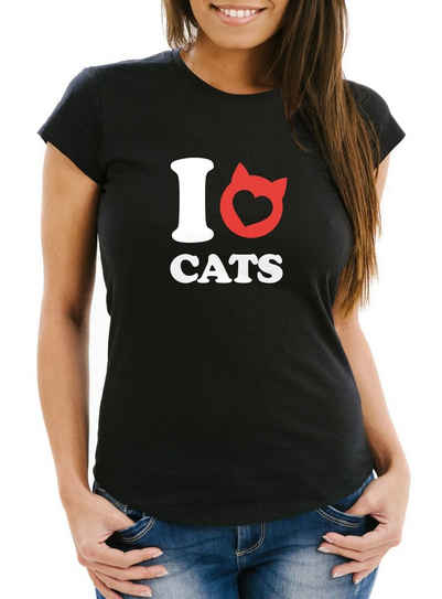 MoonWorks Print-Shirt Damen T-Shirt Spruch I love cats Katze Herz Grafik Motiv Frauen Print Fun-Shirt lustig Moonworks® mit Print