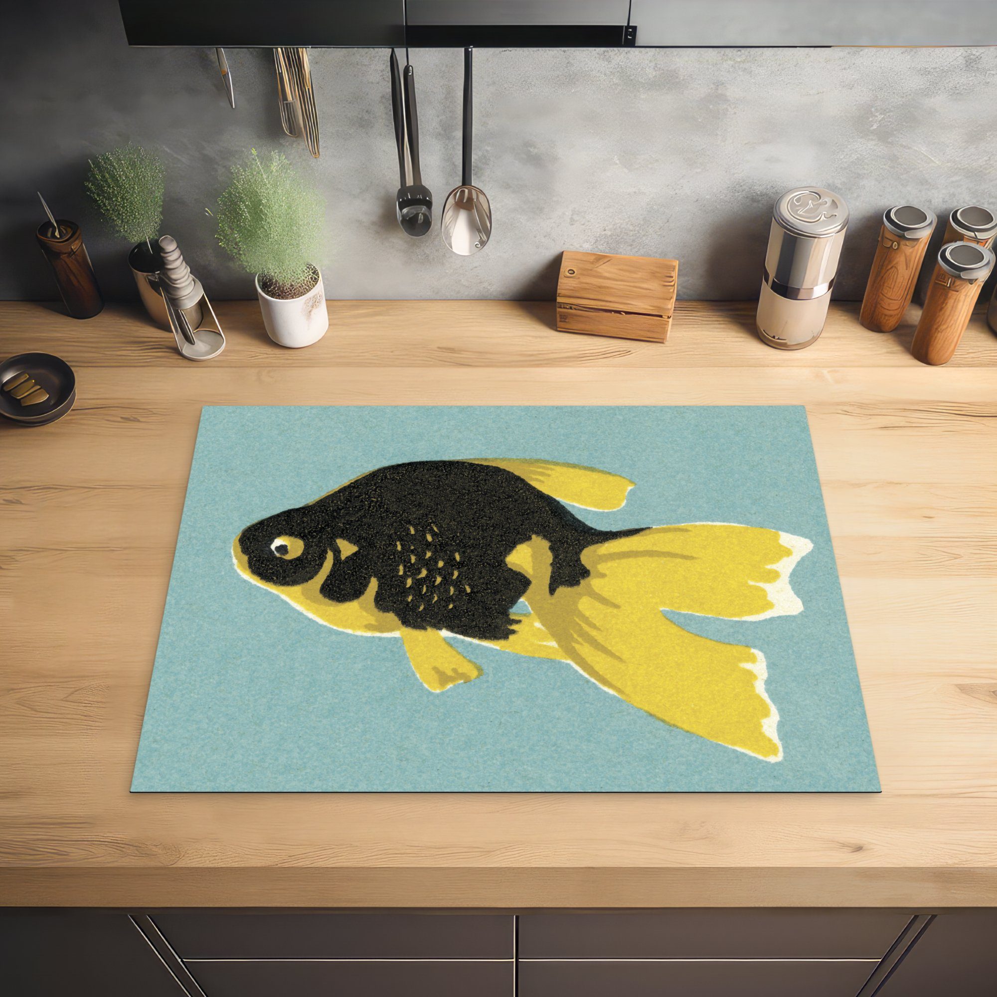 Mobile Fisches (1 schwarz-gelben Ceranfeldabdeckung in eines Pop-Art, Herdblende-/Abdeckplatte der cm, Illustration Vinyl, Eine tlg), nutzbar, Arbeitsfläche 70x52 MuchoWow