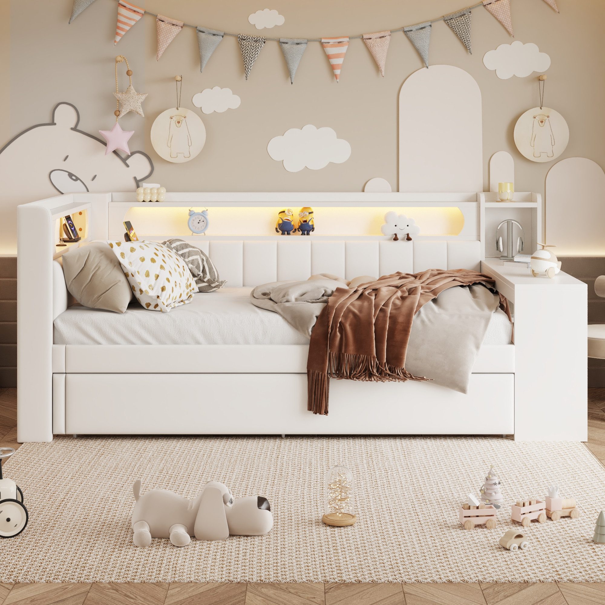 OKWISH Kinderbett Tagesbett Jugendbett Funktionsbett (Gepolstertes 90x200 Tagesbett mit LED-Gürtel, USB-Anschlüssen & Ausziehbett., 1-tlg., 90x200), mit Ausziehbett