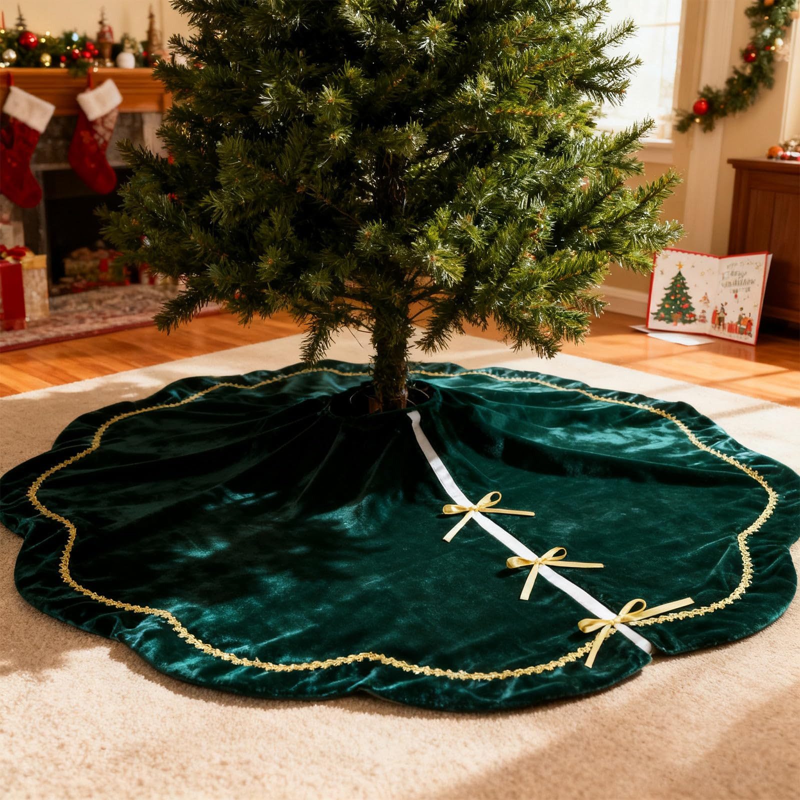 CLTYQ Weihnachtsbaumdecke Weihnachtsbaumdecke Baumrock Baumteppich Weihnachten Samt & Plüsch, Mit funkelnder Goldspitze und Bogenkante, Rustikale Weihnachtsdeko – Bild 2 von 5